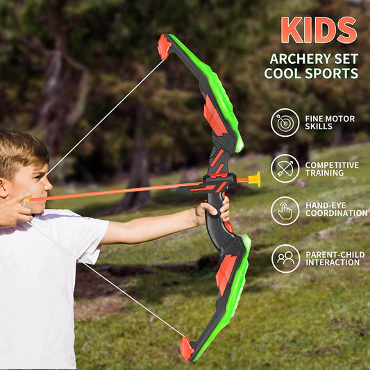 AUVIM Archery Set bow and arrow set for kids with LED lights. Includes 1 target, 10 suction cup arrows, and 1 arrow holder. Toy bow set for boys and girls ages 6 and up. Perfect for outdoor and indoor play.