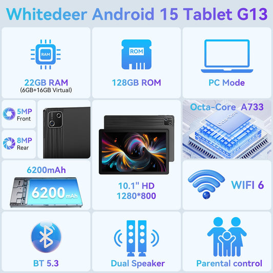 Whitedeer Android 15 Tablet 10 inch 22GB+128GB+1TB TF Octa Core and Widevine L1, Wi-Fi 6G/BT 5.3, 6200mAh Gaming Tablet Android, Dual 5+8MP, Computer mode supported - Black