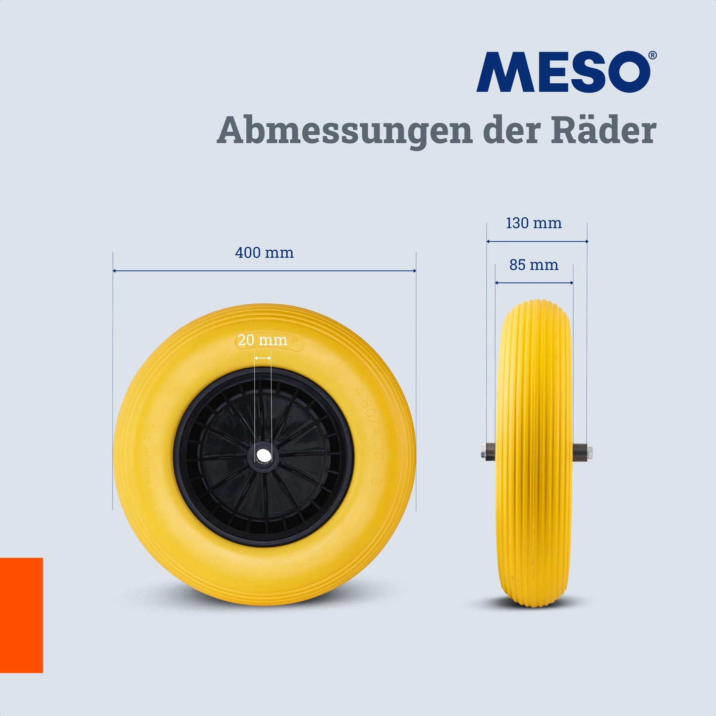 MESO® wheelbarrow wheel 4.80 4.00-8 Ø 400 mm with axle - solid rubber puncture-proof PU tire - wheel for wheelbarrow, garden cart - replacement wheel solid rubber tire plastic rim - 200KG load capacity