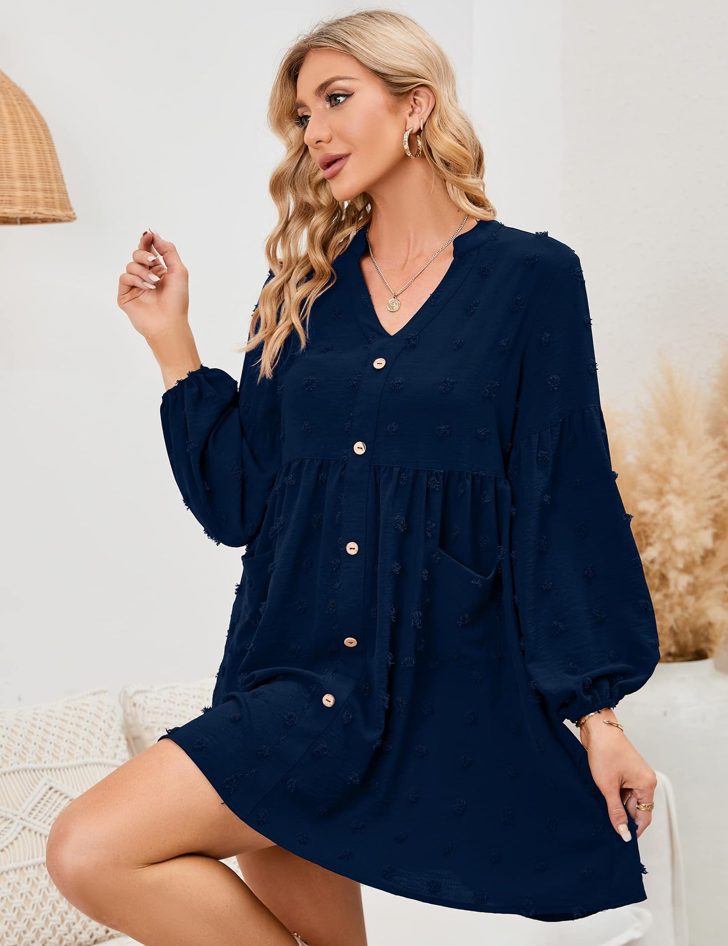 KOJOOIN Women's Tunic Dress Long Sleeve Swing Dress with Short V-Neck Button Front Blouse Dress Swiss Dot Casual Mini Dress Leisure Dress with Pockets (Packaging MULTIPLE), A-Dark Blue, L