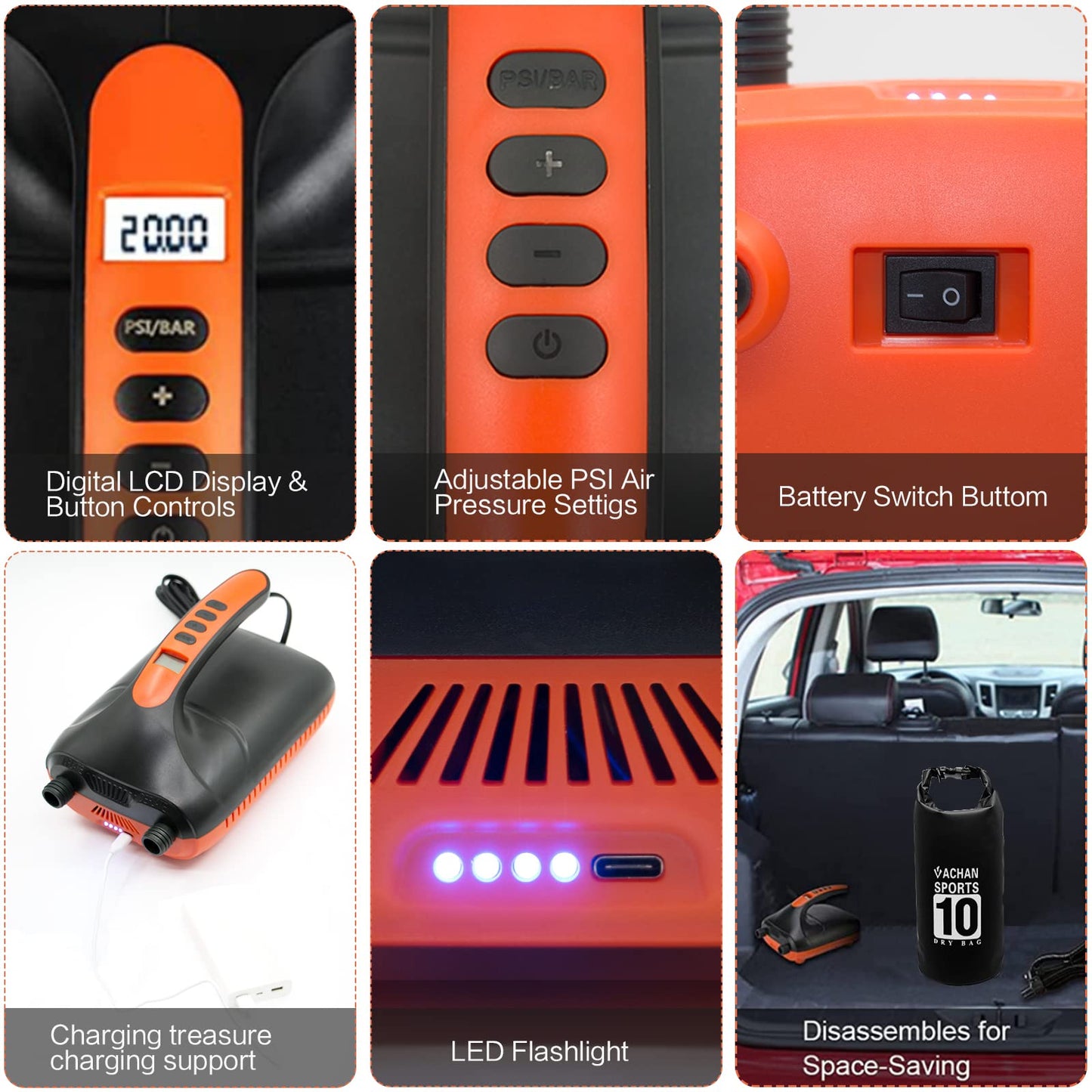 4000mAh SUP pump electric battery, 20Psi electric SUP air pump, 110 V AC/12 V DC quick charge, with intelligent two-stage auto-off function for inflatable stand up paddle boards, boats (orange)