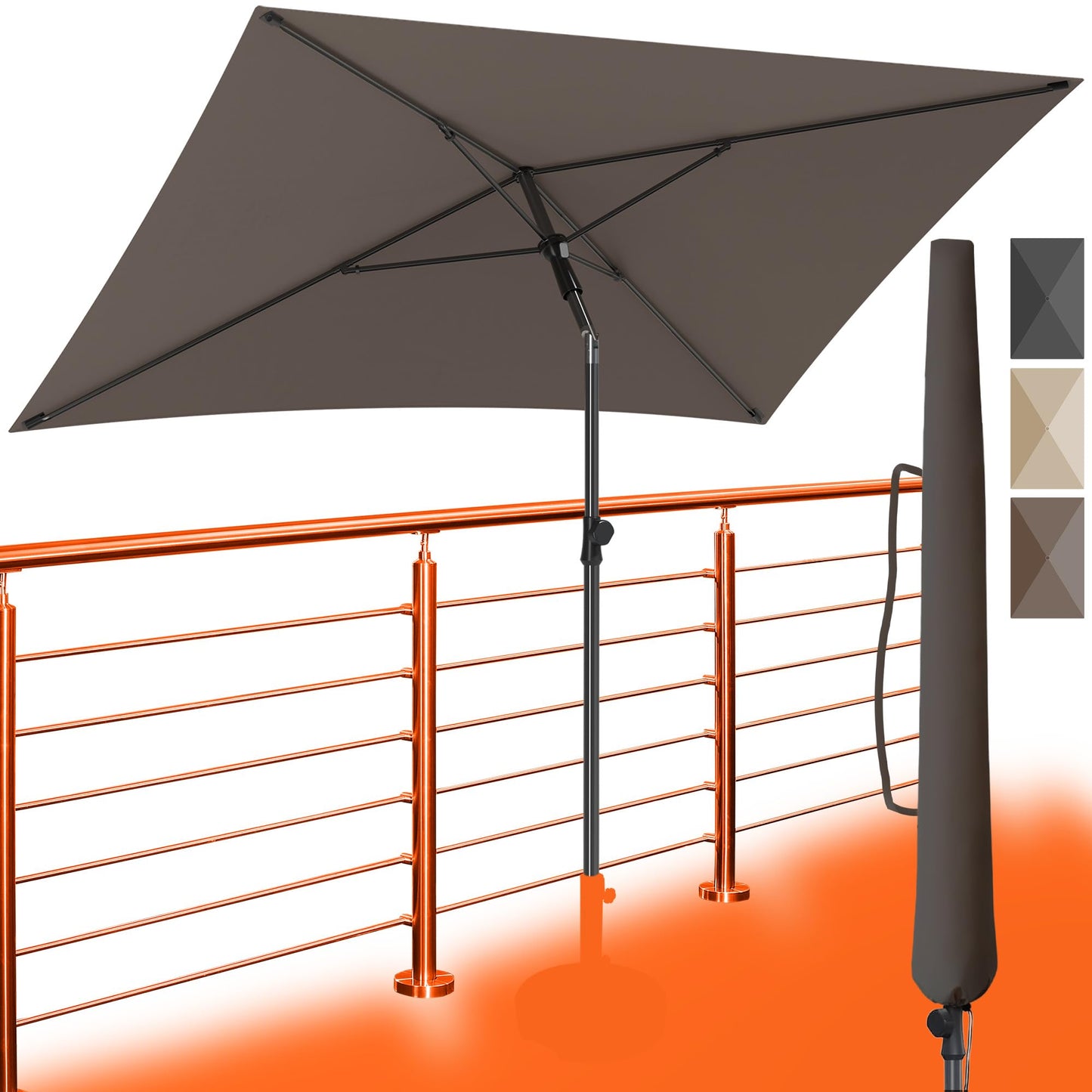 4smile balcony umbrella 200x125 cm with cover, Taupe - UV50+ rectangular and adjustable height sun umbrella, perfect for balcony sun protection as a replacement for cantilever umbrellas.