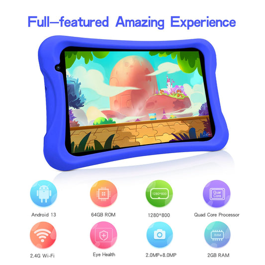 PRITOM Android 10, 8-inch kids tablet, parental control, kids apps, quad-core processor, 2GB RAM, 32GB ROM, HD IPS screen, dual rear camera, with kids tablet case (blue)