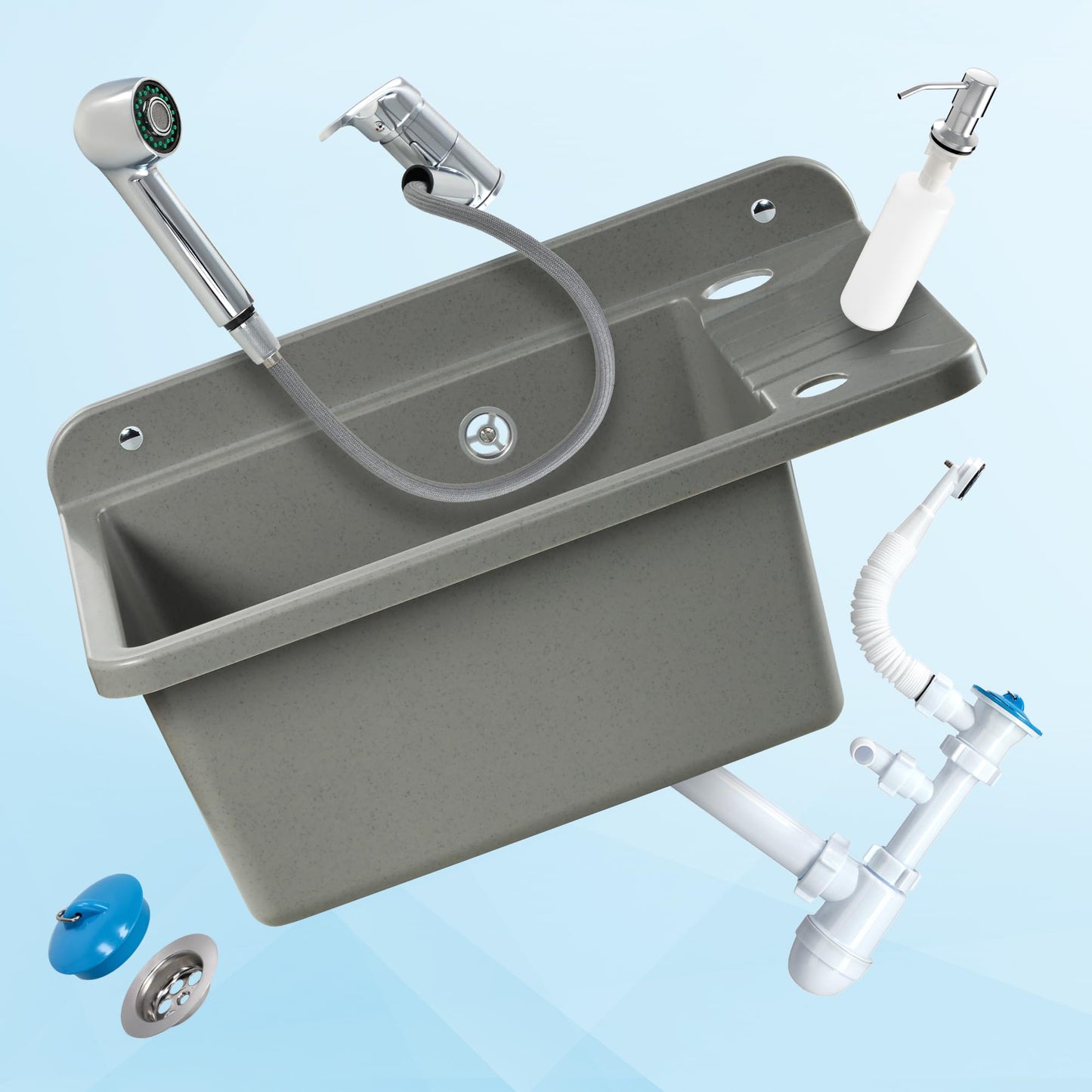 GOSPO Polypropylene sink, 50.5 x 34 x 26.5 cm, with faucet, siphon, soap dispenser, household utility sink (Grey)