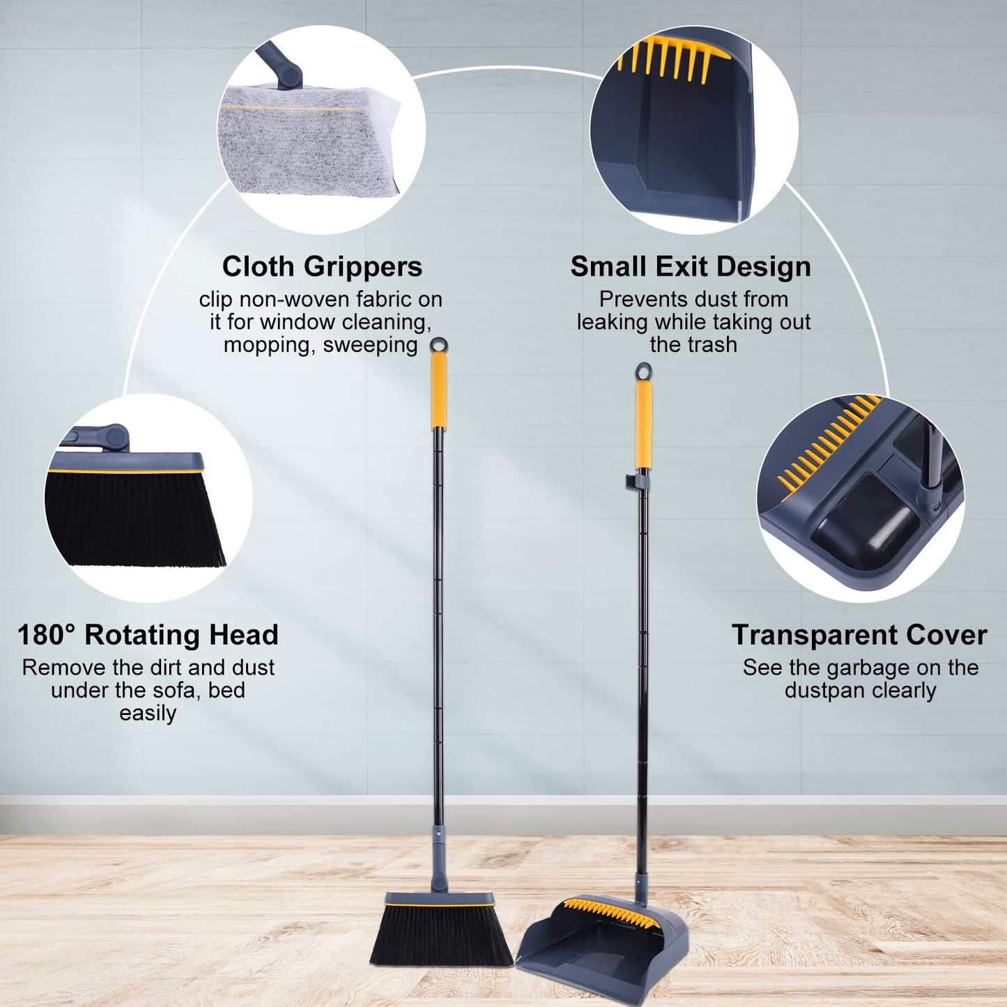 JEHONN Broom and Dustpan Set with Long Handle, 180 Degree Rotatable Sweeper and Dustpan Combo for Home, Office, Lobby Cleaning