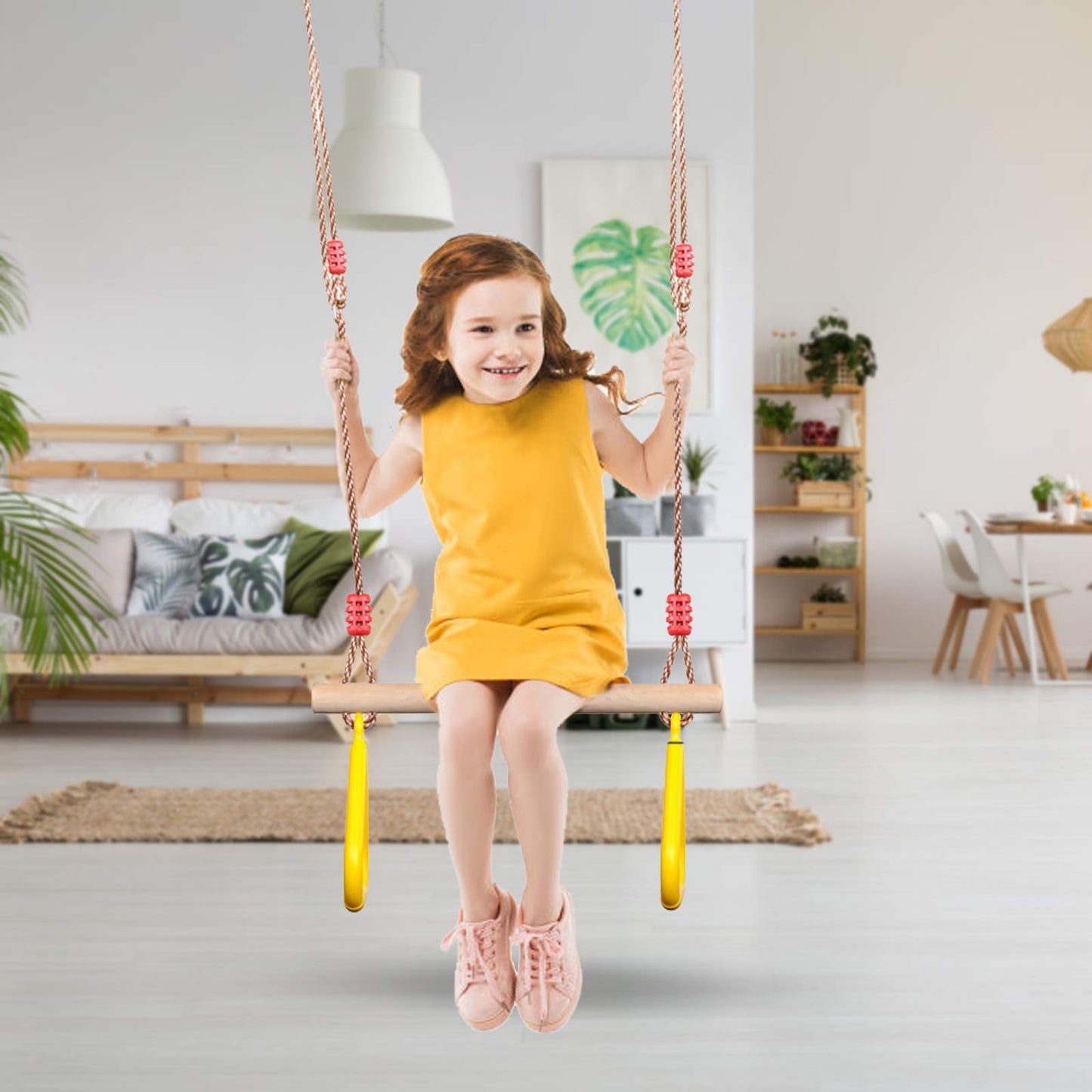 PELLOR Multifunctional Kids Wooden Trapeze Swing with Plastic Rings (Yellow)