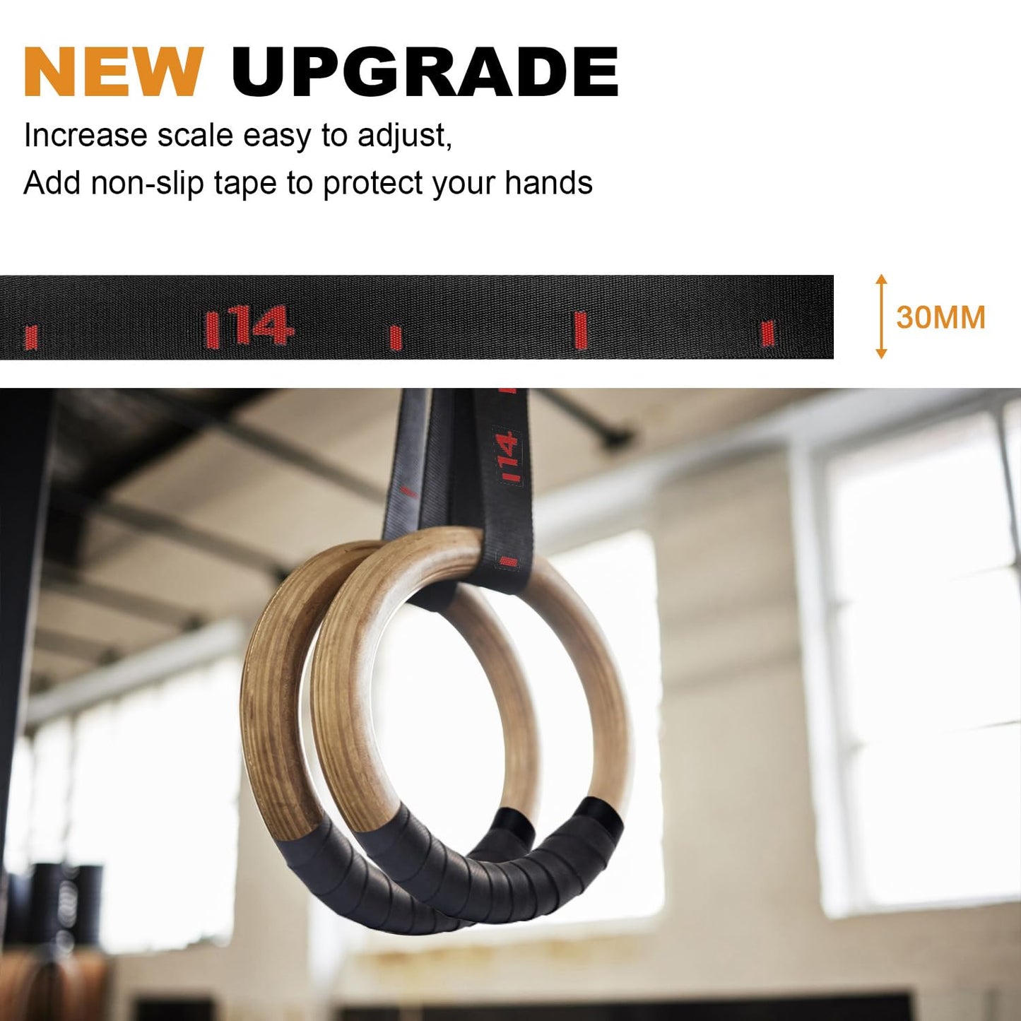 5BILLION Wooden Gymnastic Rings for Fitness Training with High-Strength Nylon Straps, Metal Quick Lock Buckles, Adjustable - 32mm