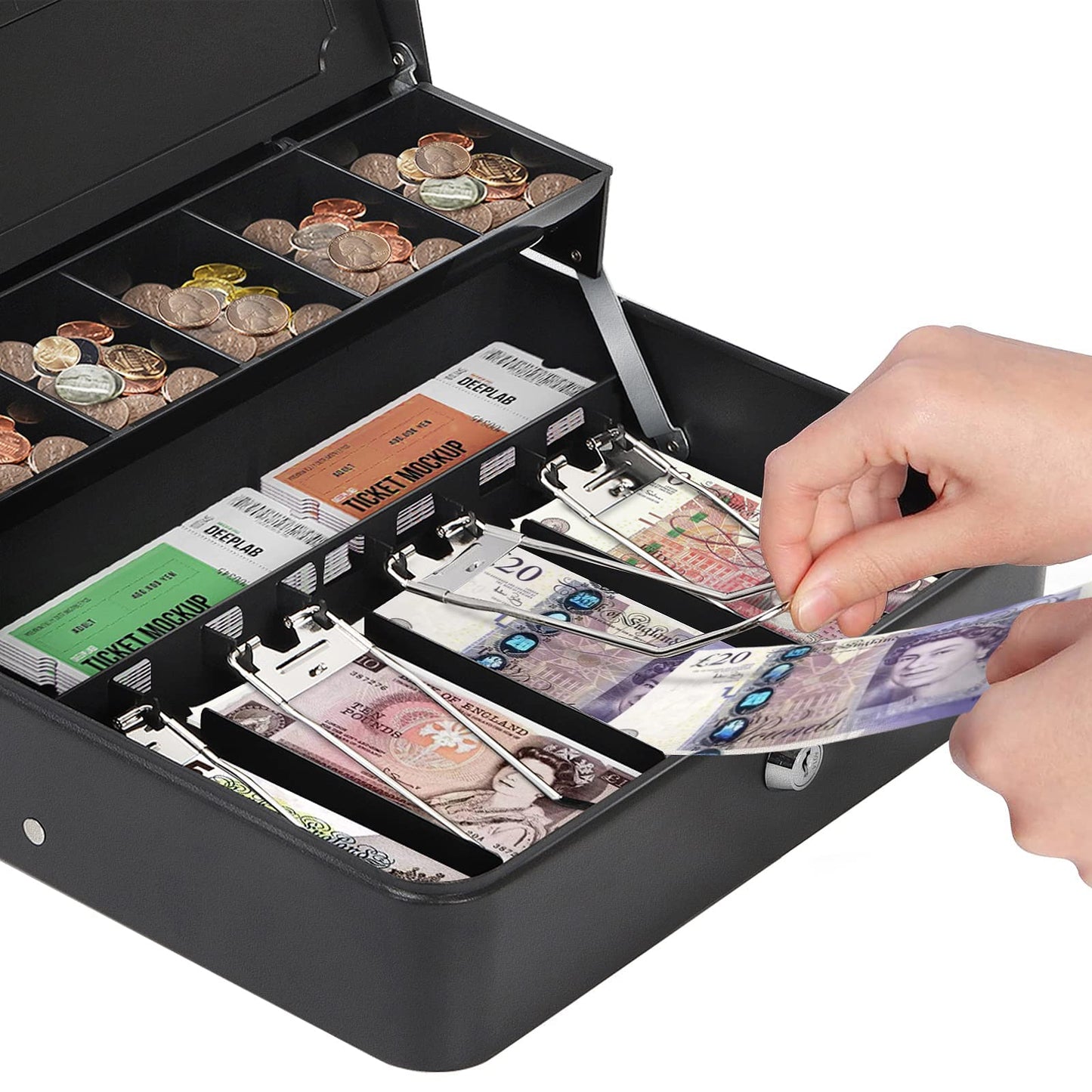 HAITRAL lockable money box, banknotes and coin storage, metal cash box, portable large money box with 2 keys - W 30 x D 24 x H 9 cm, Black