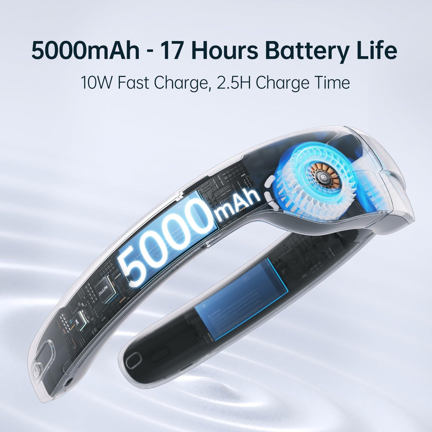 JISULIFE Portable Neck Fan Pro with 100 speeds, bladeless design, portable fan, stepless button, LED display, rechargeable personal 5000mAh in blue.