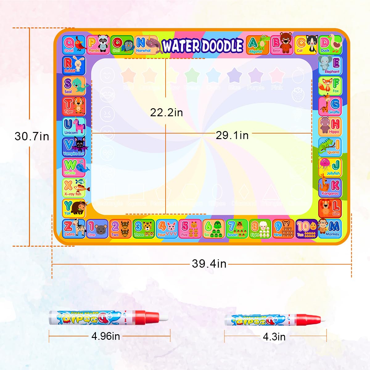 Aqua Magic Doodle Mat - Water Drawing Mat 100 * 70cm Kids, Large Magic Drawing Mat with Water Book, 4 Magic Pens, 8 Stamp Set Toy for 2 3 4 5 Year Old Girls Boys Gift