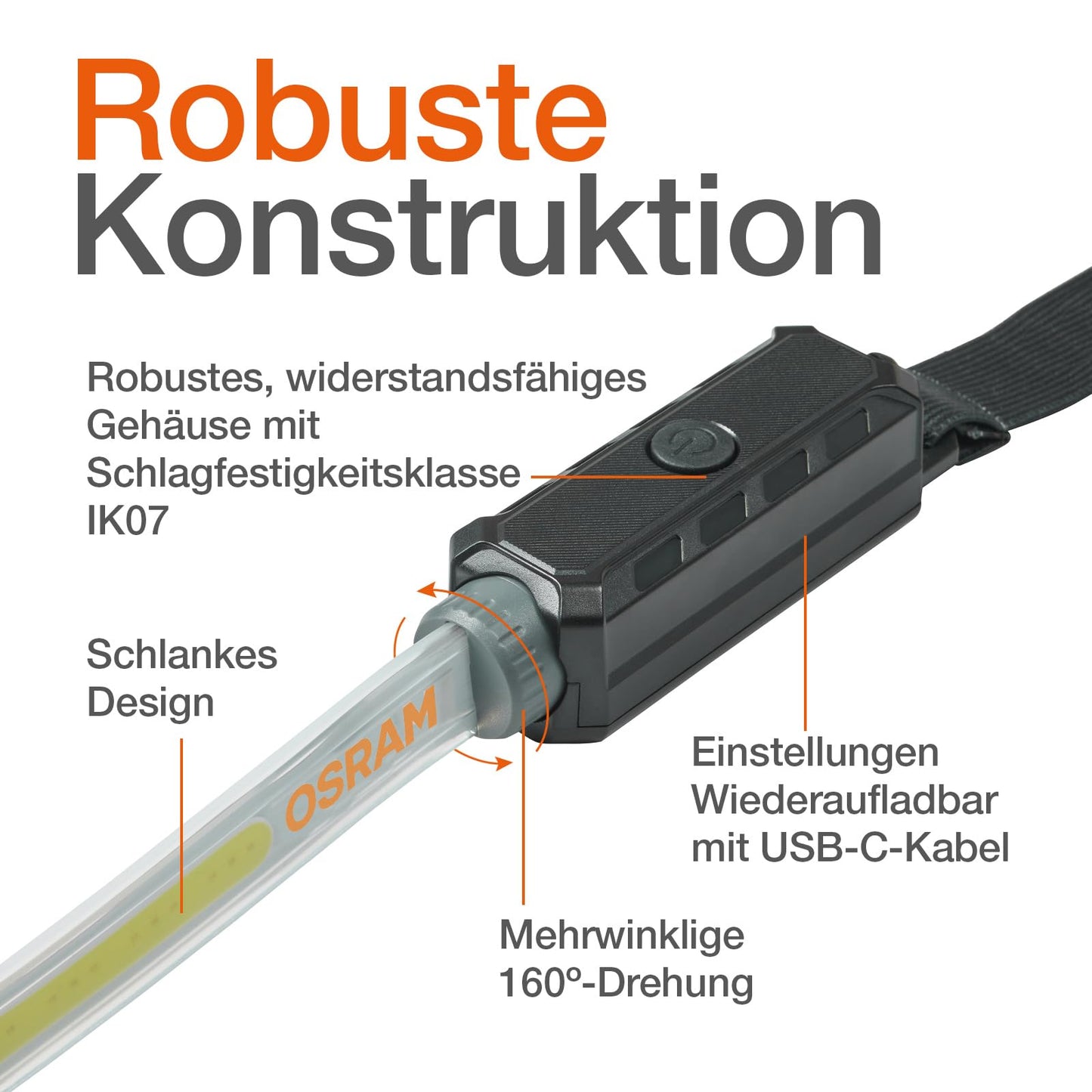 Osram LEDinspect Flexible Inspection Light, rechargeable LED inspection lamp, 6000K, brightness up to 1000lm, detachable elastic bands, White