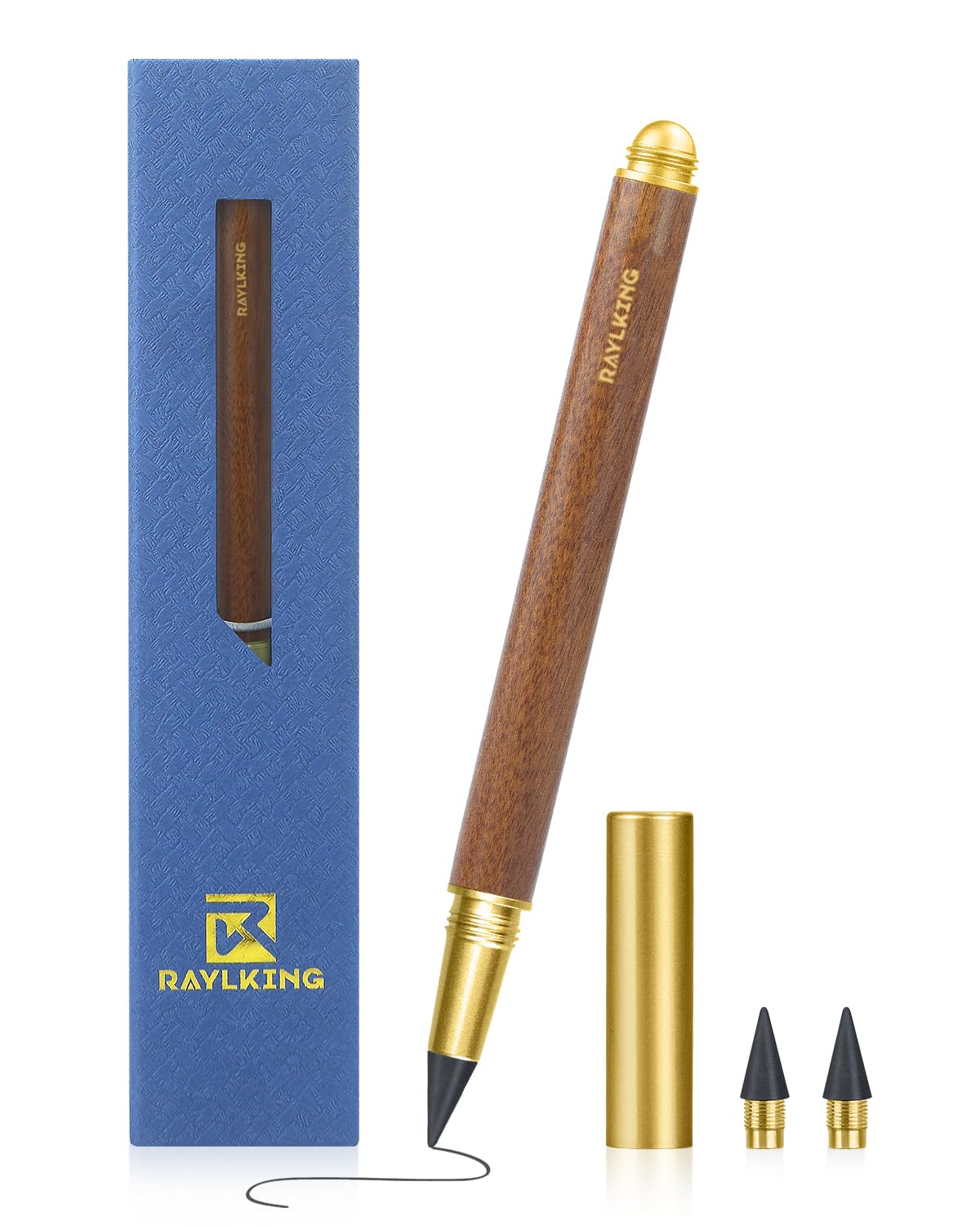 RaylKING Eternal Pencil - C1300, precision crafted from sandalwood - also equipped with 2 replaceable graphite leads with fine brass thread and HB hardness, elegant gift box