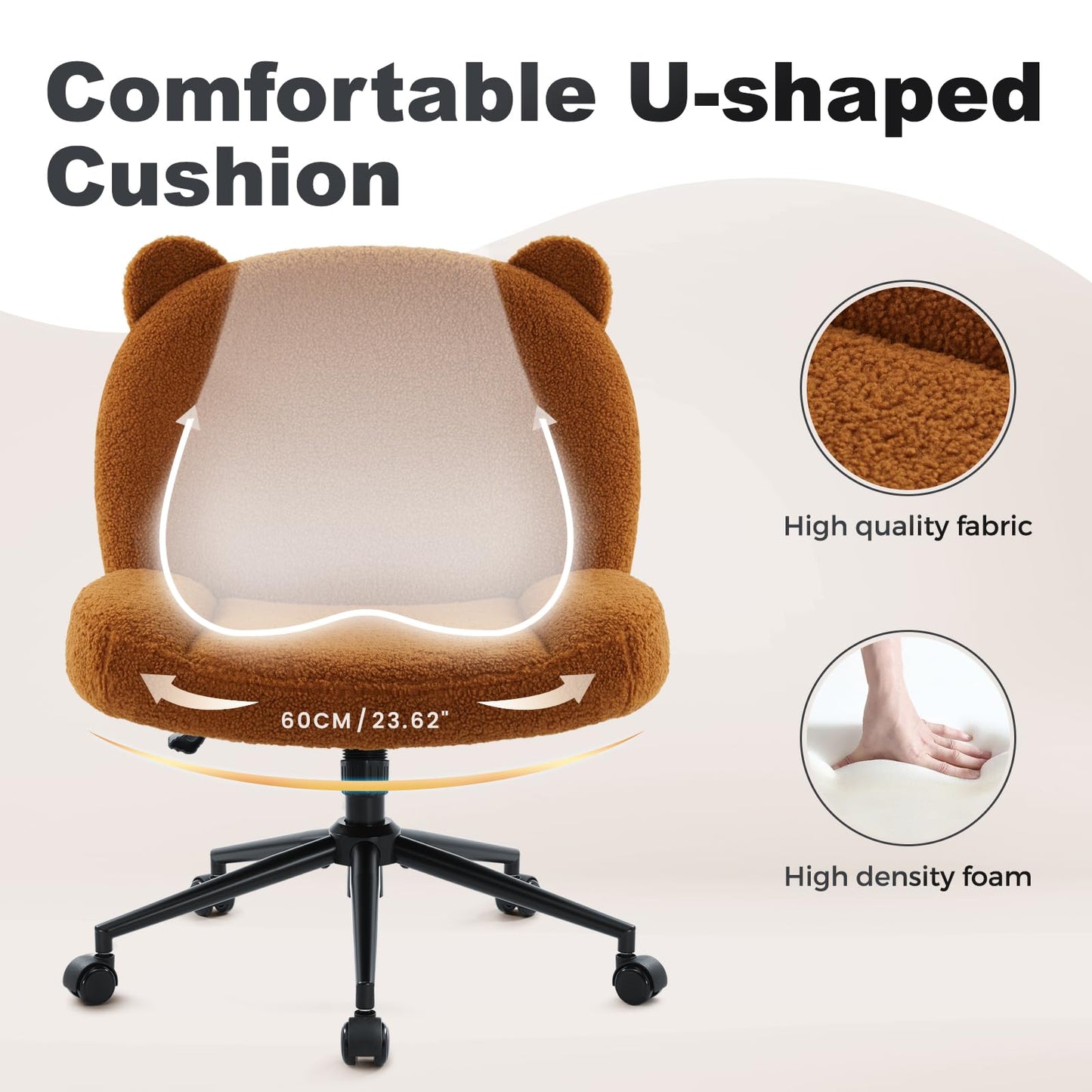 IWMH office chair without armrests, adjustable height swivel chair with wheels, desk chair with fabric padding, ergonomic chair, reading chair with wider cushion for cross-legged sitting (Brown)