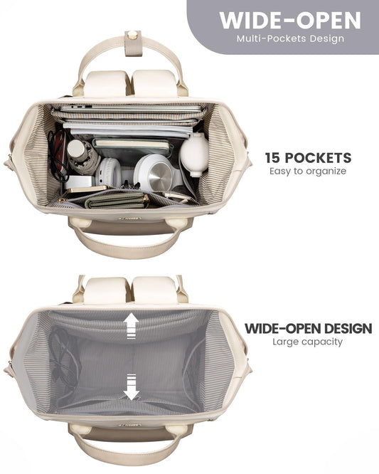 LOVEVOOK Backpack for Women, 17 Inch Laptop Work Bag Travel Backpack School Bag Large, Waterproof Daypacks Teacher Bag Backpack Women Elegant for Work Travel School College Office, Beige