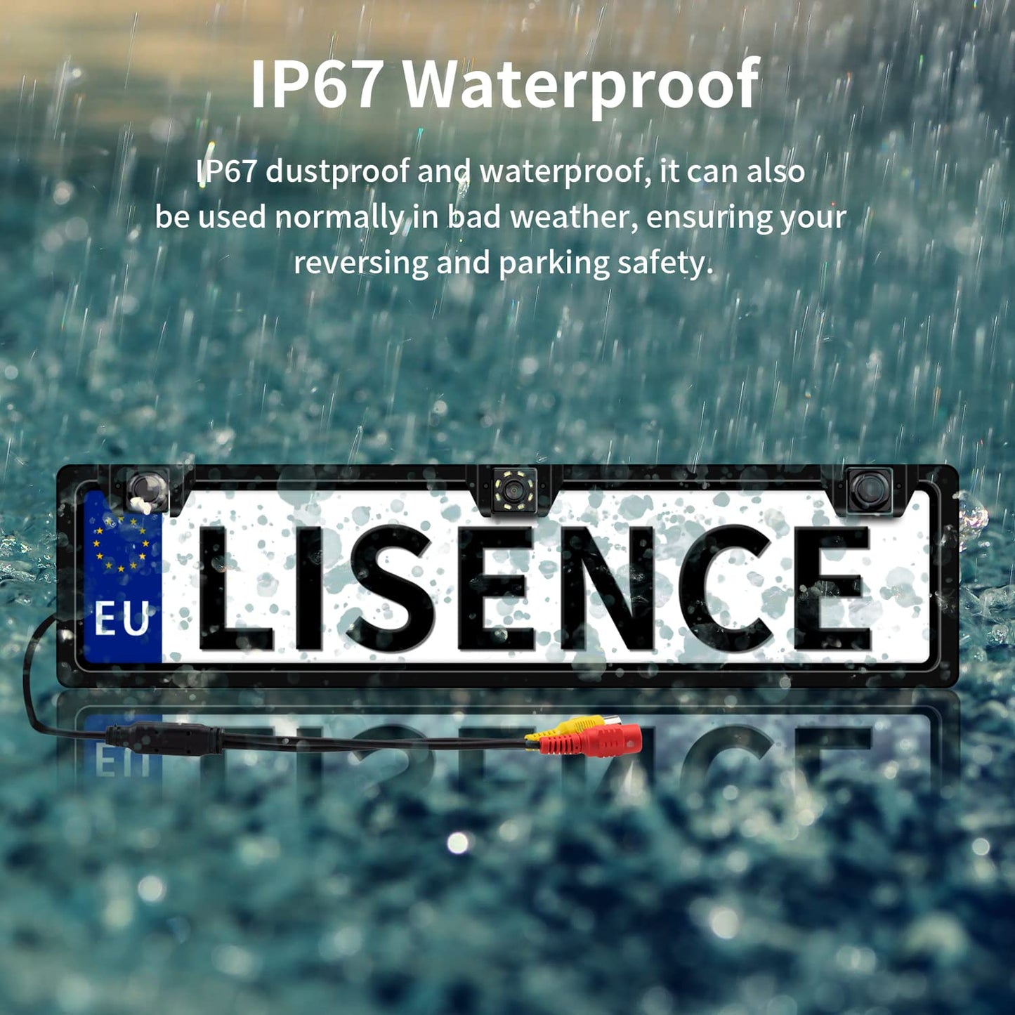 Rear view camera license plate holder with 2 parking sensors + LED distance display, 8 lights rear view camera, 170° wide angle, IP67 waterproof.