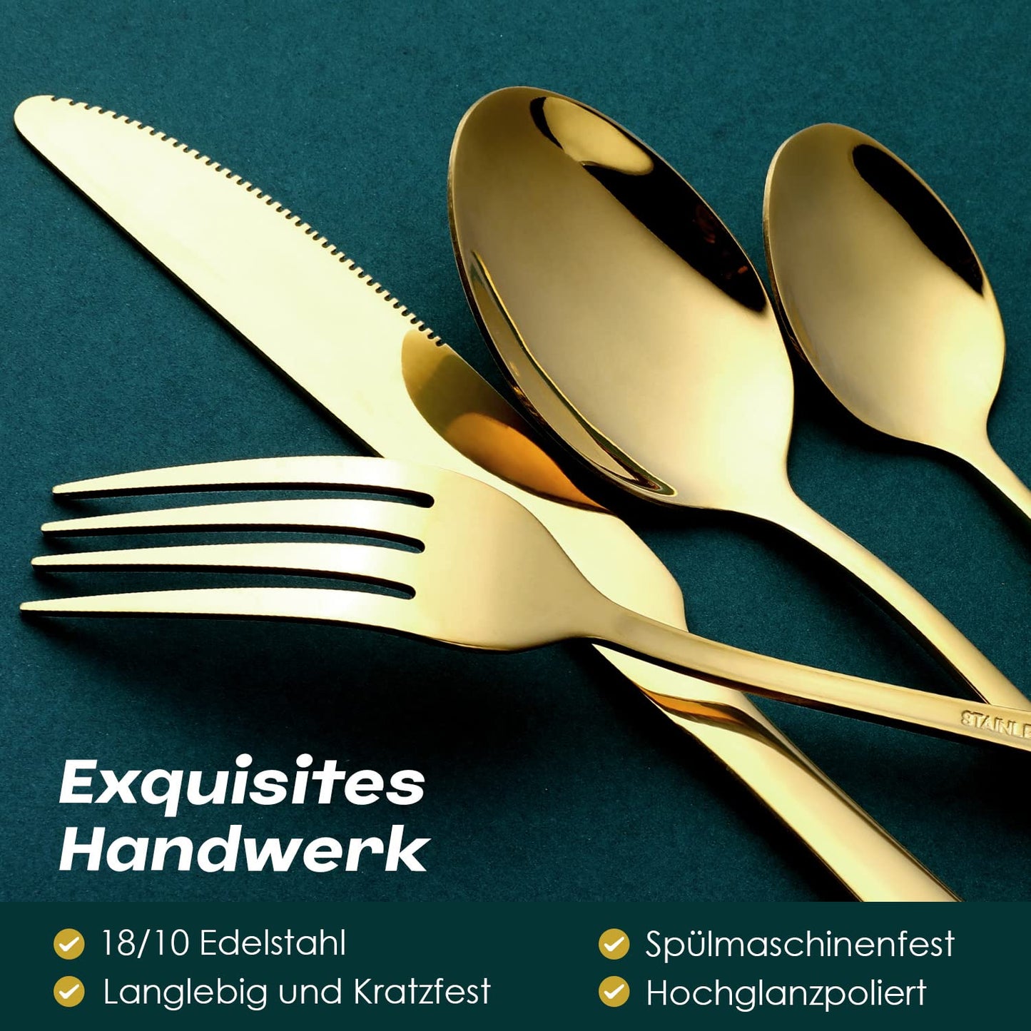 OGORI cutlery set for 6 people, 30 pieces. Mirror-polished gold cutlery set made of 18/10 stainless steel. Includes knives, forks, and spoons for home, parties, or restaurants. Comes in a gift box.