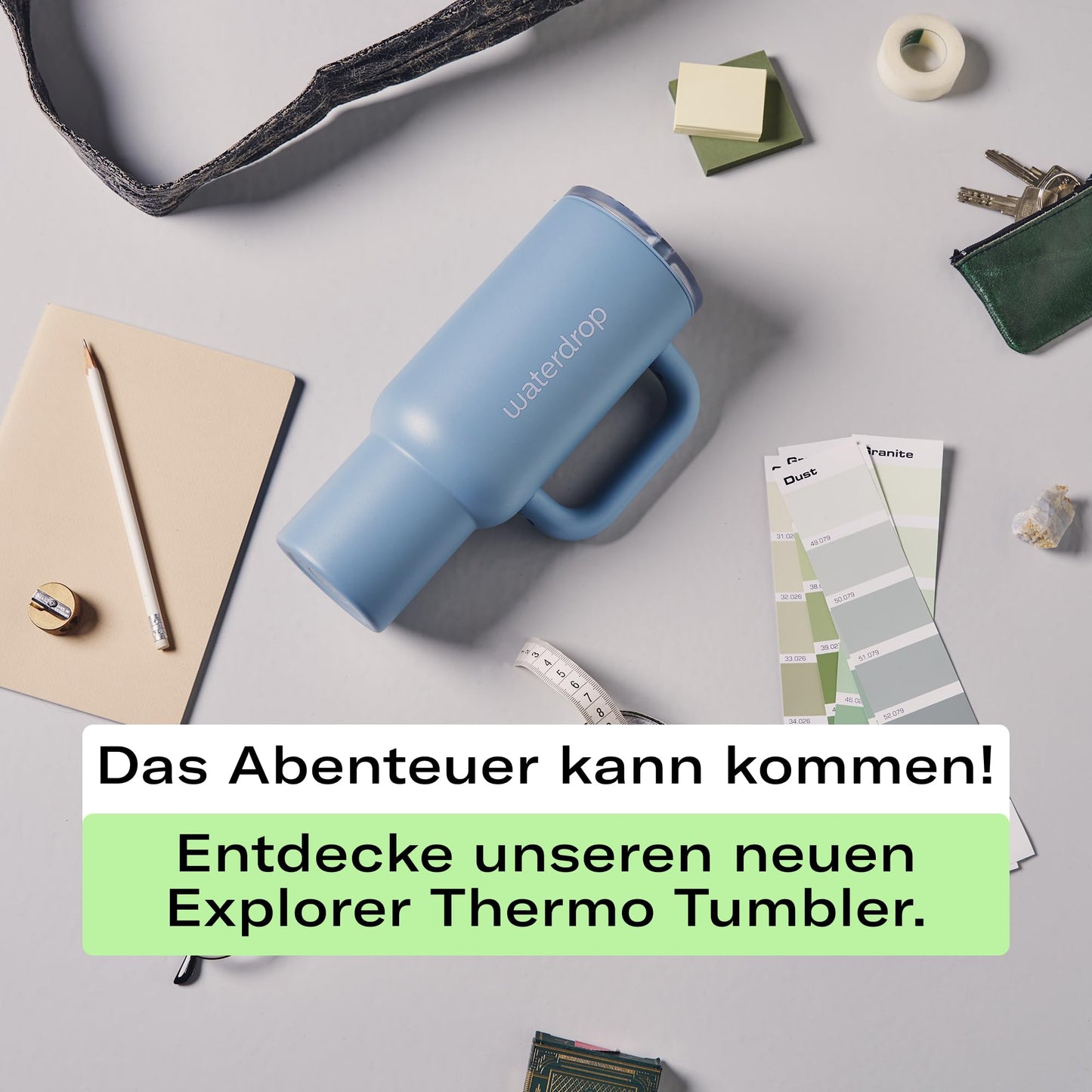 waterdrop® thermos cup with straw 1.1L - Leak-proof, sturdy water bottle with folding straw, Keeps cold for 12h, drinking cup with lid, insulated stainless steel bottle