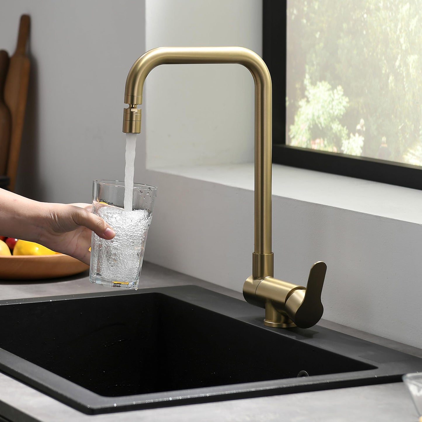 Pre-Window Kitchen Faucet, Brushed Gold Kitchen Faucet Folding, Foldable Single Lever Kitchen Mixer Tap With Cold and Hot Water Hoses.