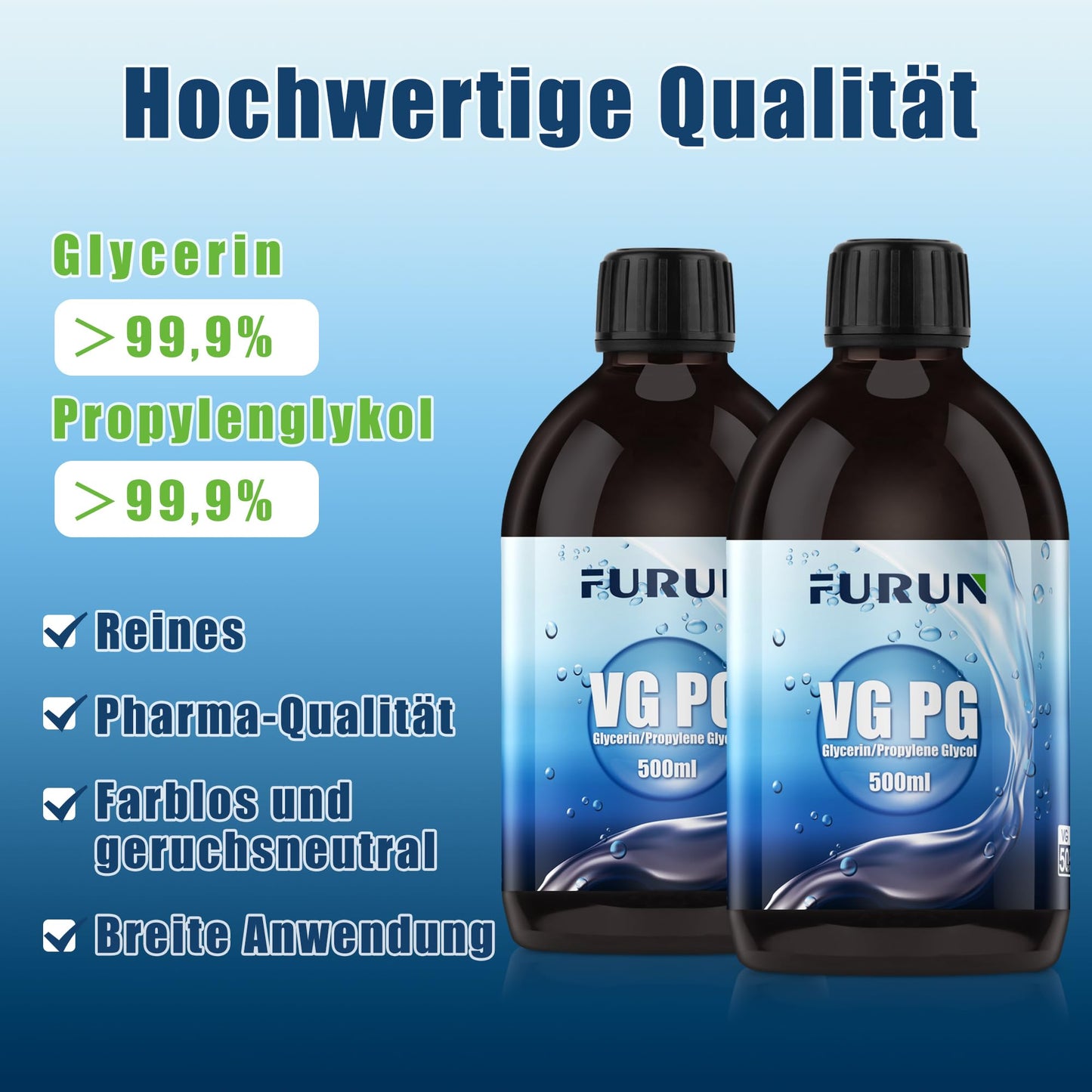 2 x 500ml 50% VG Glycerin / 50% PG Propylene Glycol, pharmaceutical grade, high purity 50% VG Glycerin liquid E422 / 50% PG Propylene Glycol liquid E1520- Pure, Vegan, 0% additives