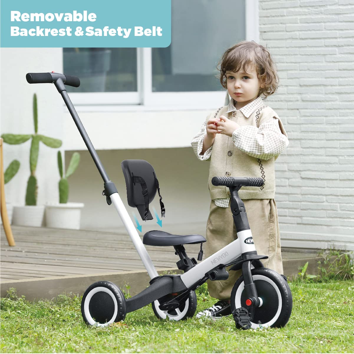 newyoo 5 in 1 balance bike tricycle, suitable for 1 year olds with push handle, for kids aged 1-3 years, bike for children up to 25kg including removable pedals and adjustable seat, white