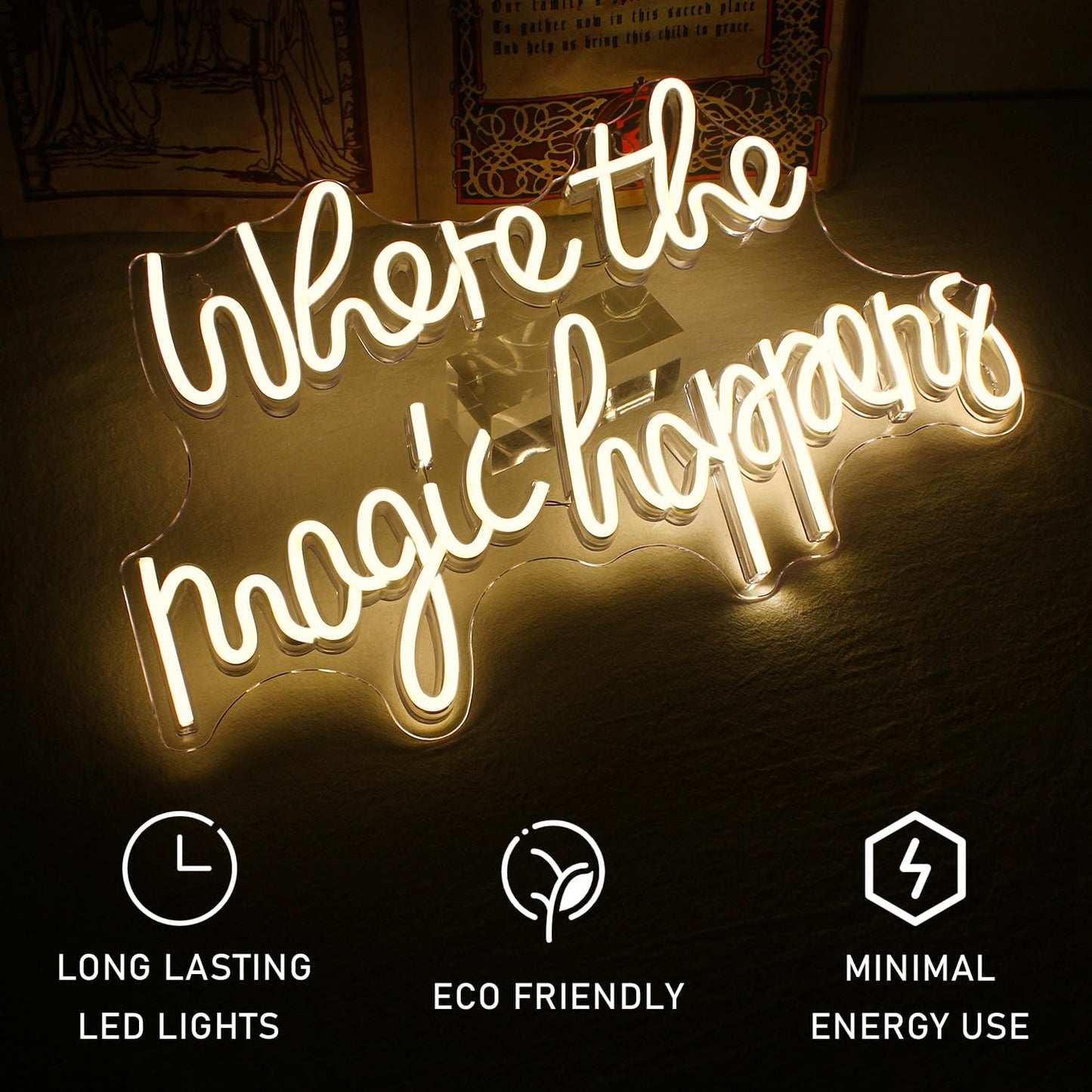 Where the Magic Happens LED White Light Sign Neon Acrylic Neon Sign for Bedroom Wedding Birthday Party Decor Sign
