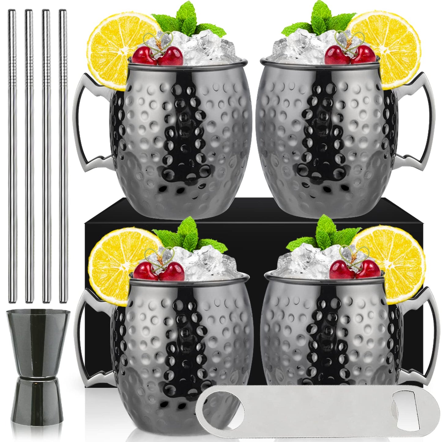 Set of 4 black Moscow Mule cups, 530ml, gunmetal black plated stainless steel, double jigger, chilled drinks, cocktail cups, drinkware with gift box.