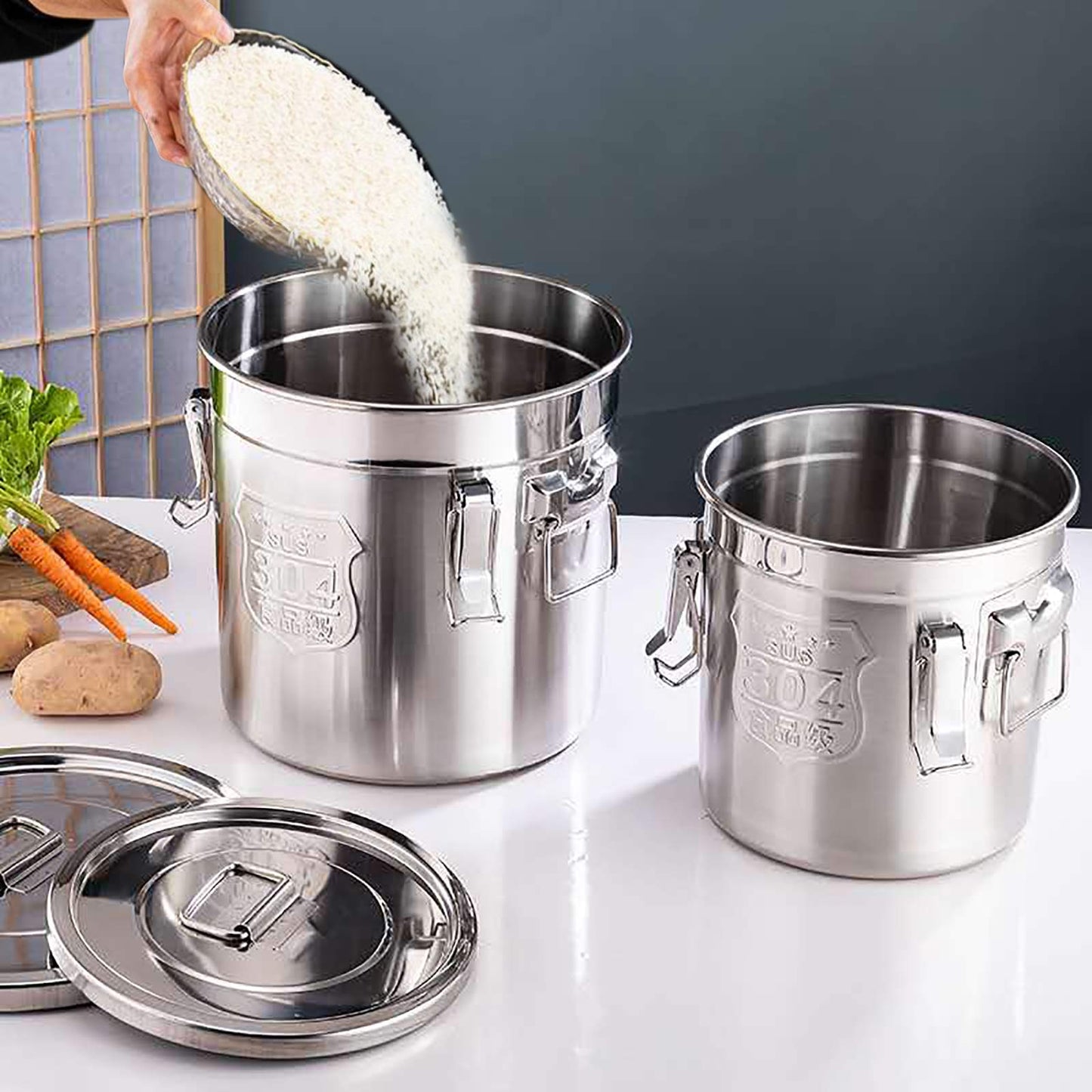 Loobiiny 12L grain container, airtight stainless steel container, 25 x 25 cm, metal airtight food storage containers.