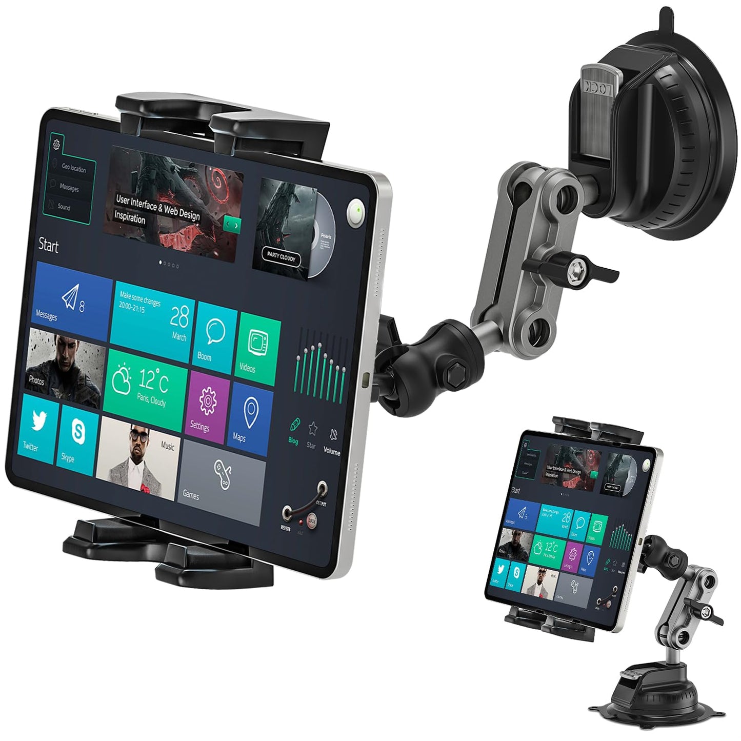 Asaiy Tablet Holder for Car, iPad Holder for Car, 360° Rotatable, Stable and Washable TPU Suction Cup, Windshield and Dashboard Universal, Car Mount for iPhone, Galaxy, 4.7-12.9" Tablets & Phones
