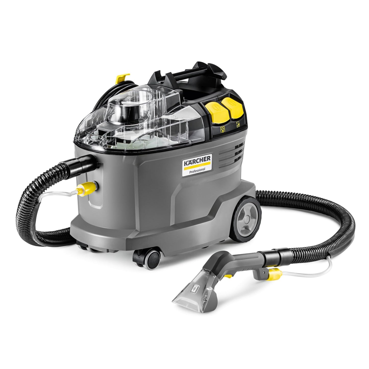 Kärcher carpet cleaner Puzzi 8/1, powerful for upholstery cleaning and spot removal on textiles, includes ergonomic short upholstery nozzle.