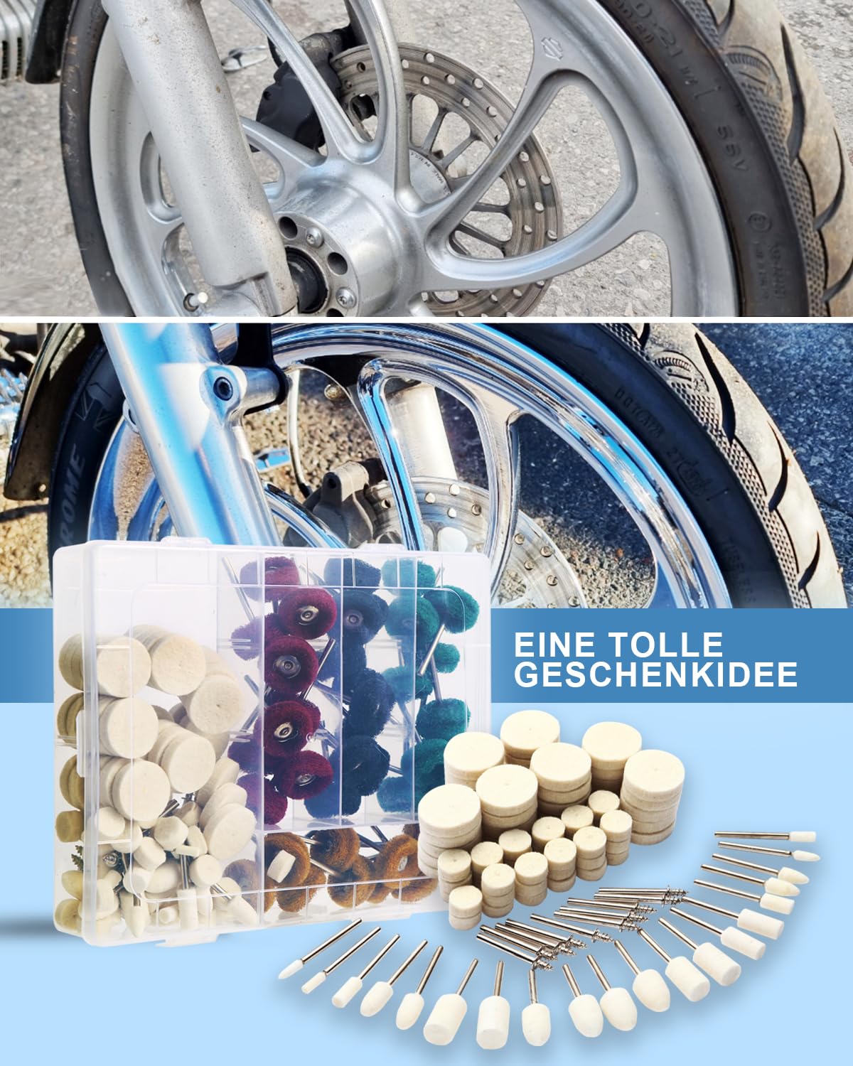 140 PCS Multifunctional Wool Felt Polishing Bits for Dremel, including Dremel grinding attachments, wool felt polishing disc, polishing attachment for power drill, for metal, bicycle, wheel hub, with storage box.