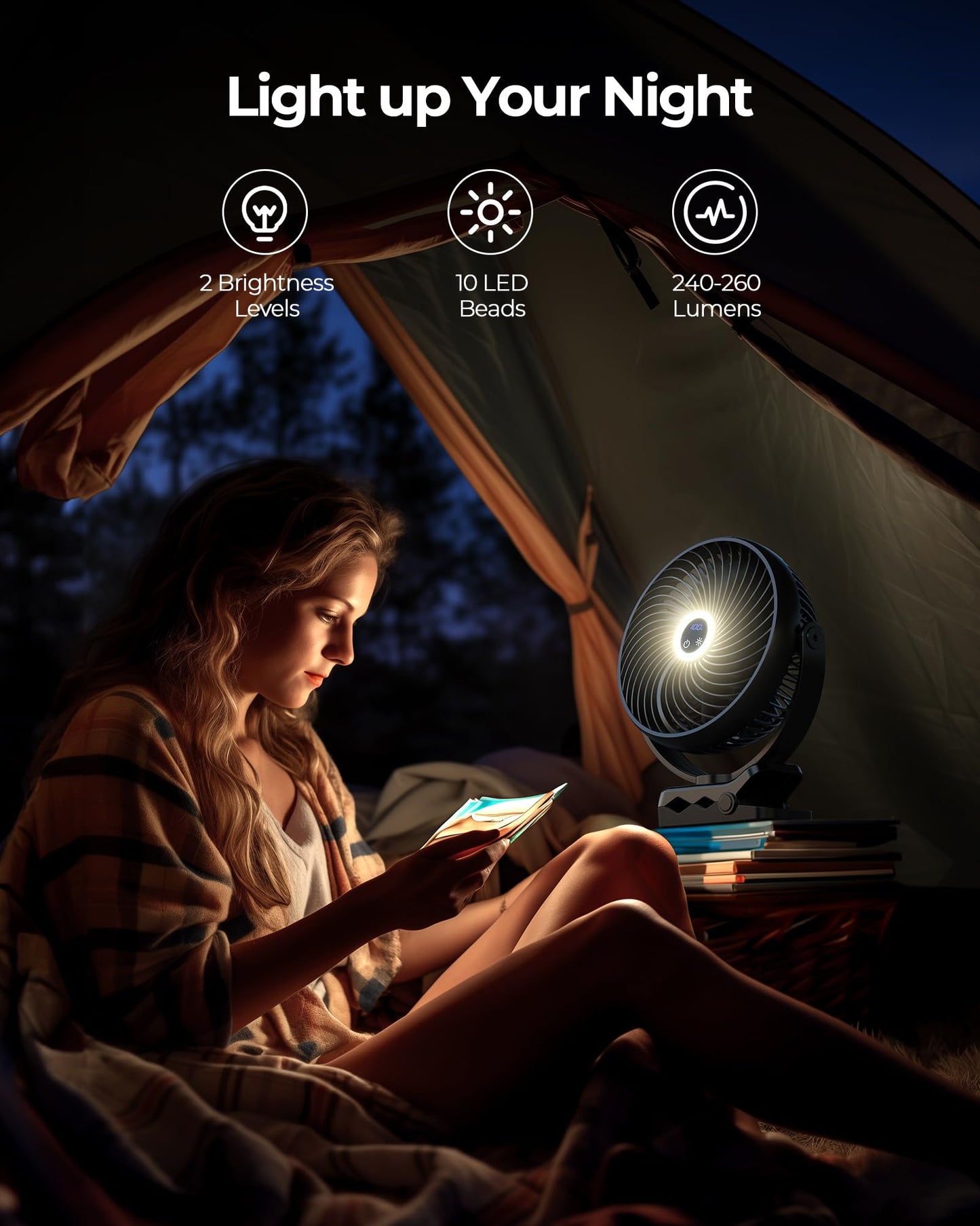 Koonie 20cm Portable Mini Clip Fan, USB Desk Fan with 10000mAh Battery, Light, Digital Display, 3 Speeds, Rechargeable Desk Fan for Home, Office, Stroller, Camping