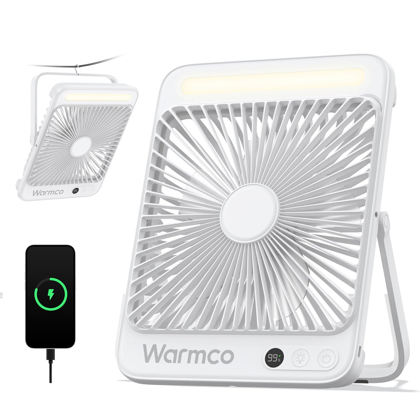 Warmco 20000mAh Portable Camping Fan 27cm with LED light, Ultra-Quiet, Thin, Digital Display, Up to 48H Runtime for Outdoor, Travel, Office, Bedroom