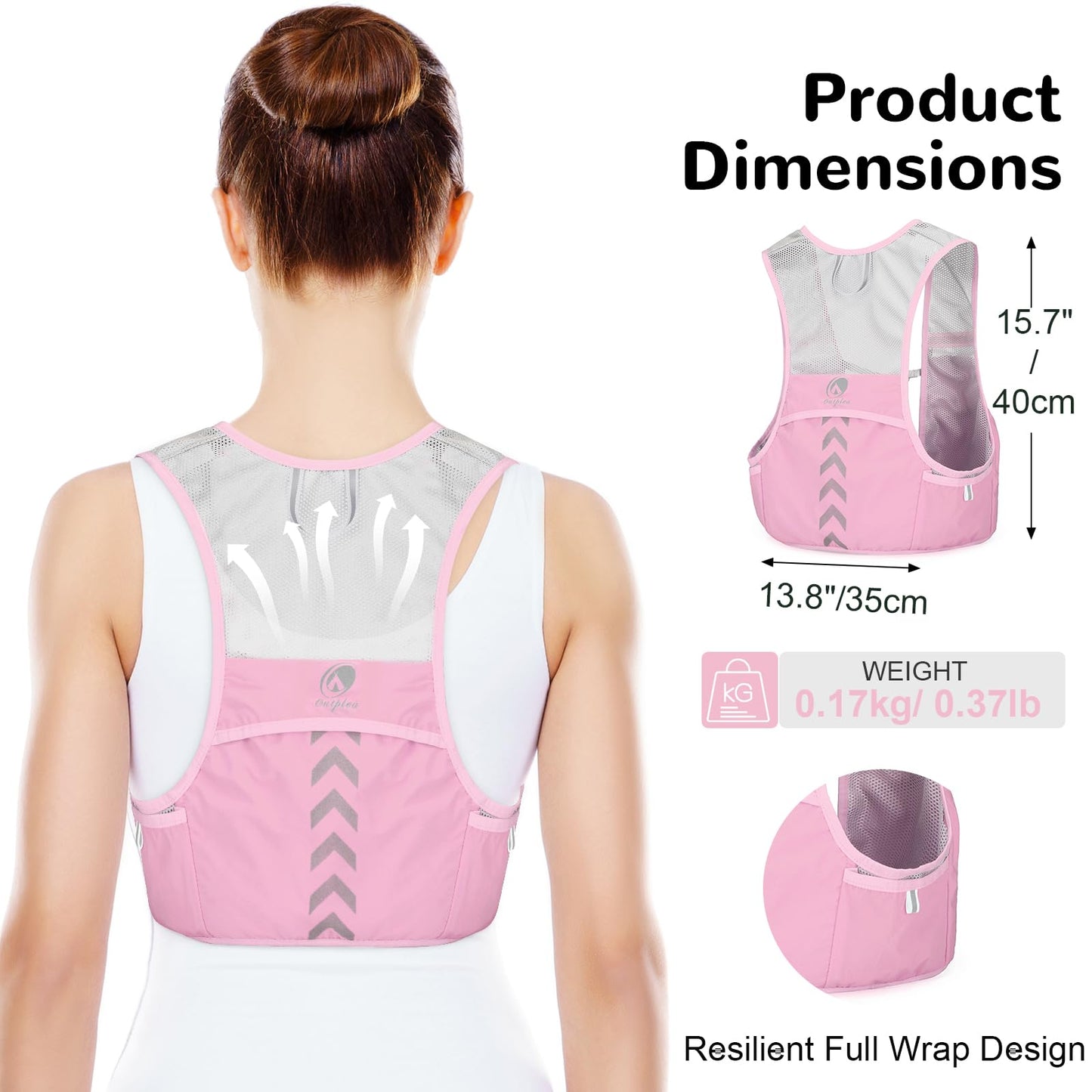 Outplea running vest for women with 2*500ml soft water bottle, ultralight running backpack quick drying, hydration pack reflective vest for jogging, trail running, cycling, pink