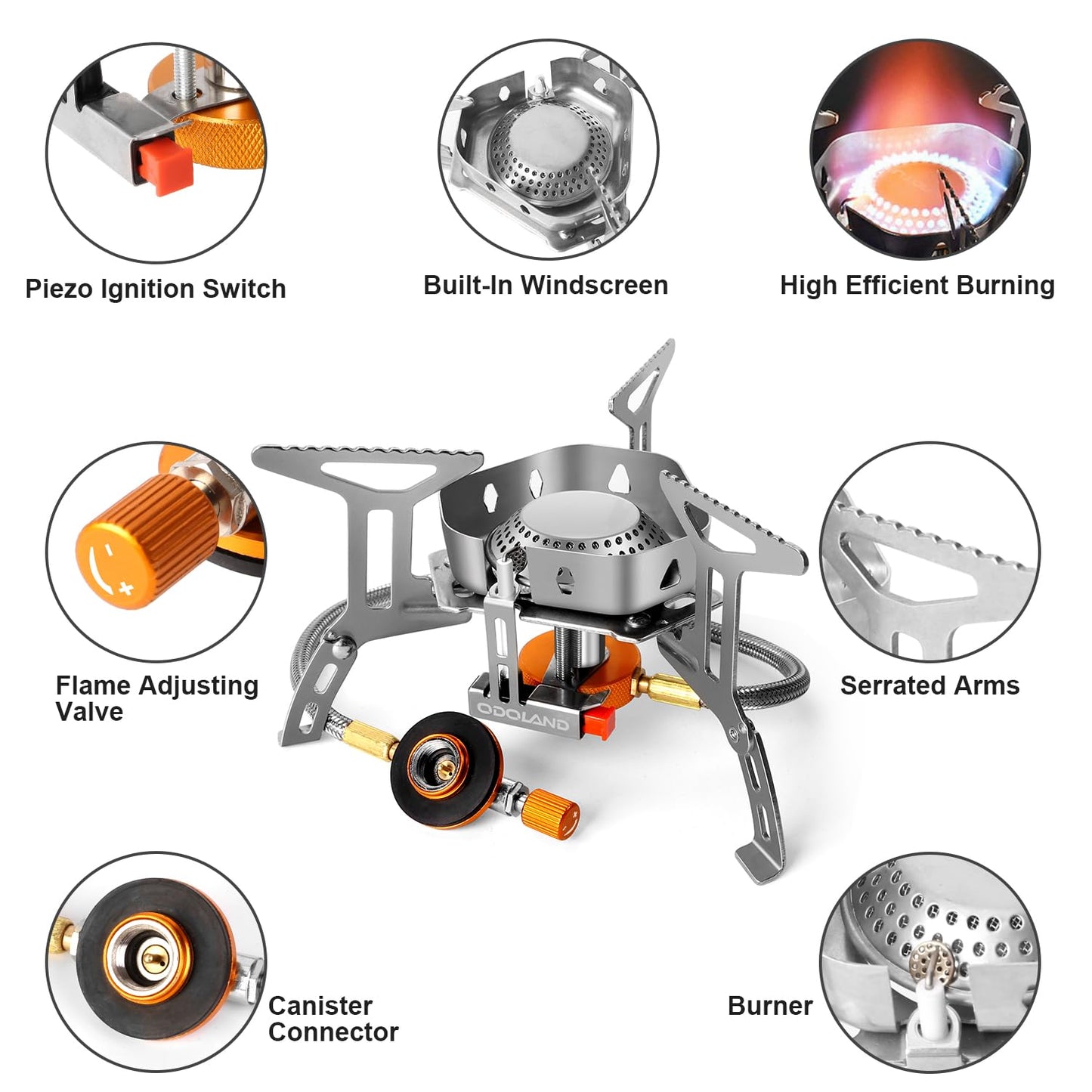 Odoland Camping Stove 3500W Gas Stove with Piezo Ignition, Windproof Gas Camping Stove for all Screw Cartridge Gas Burner, with Adapter Foldable Camping Stove Gray