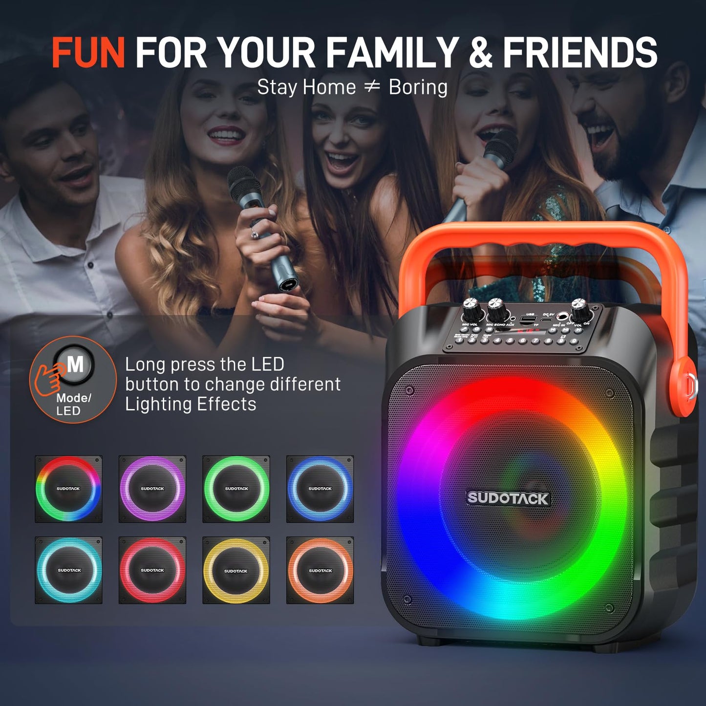 SUDOTACK Portable Karaoke Machine with 2 wireless microphones, Bluetooth speaker box for adults/kids with lighting effects, supports TF/USB, AUX in, FM, REC, TWS for karaoke, parties, birthdays.