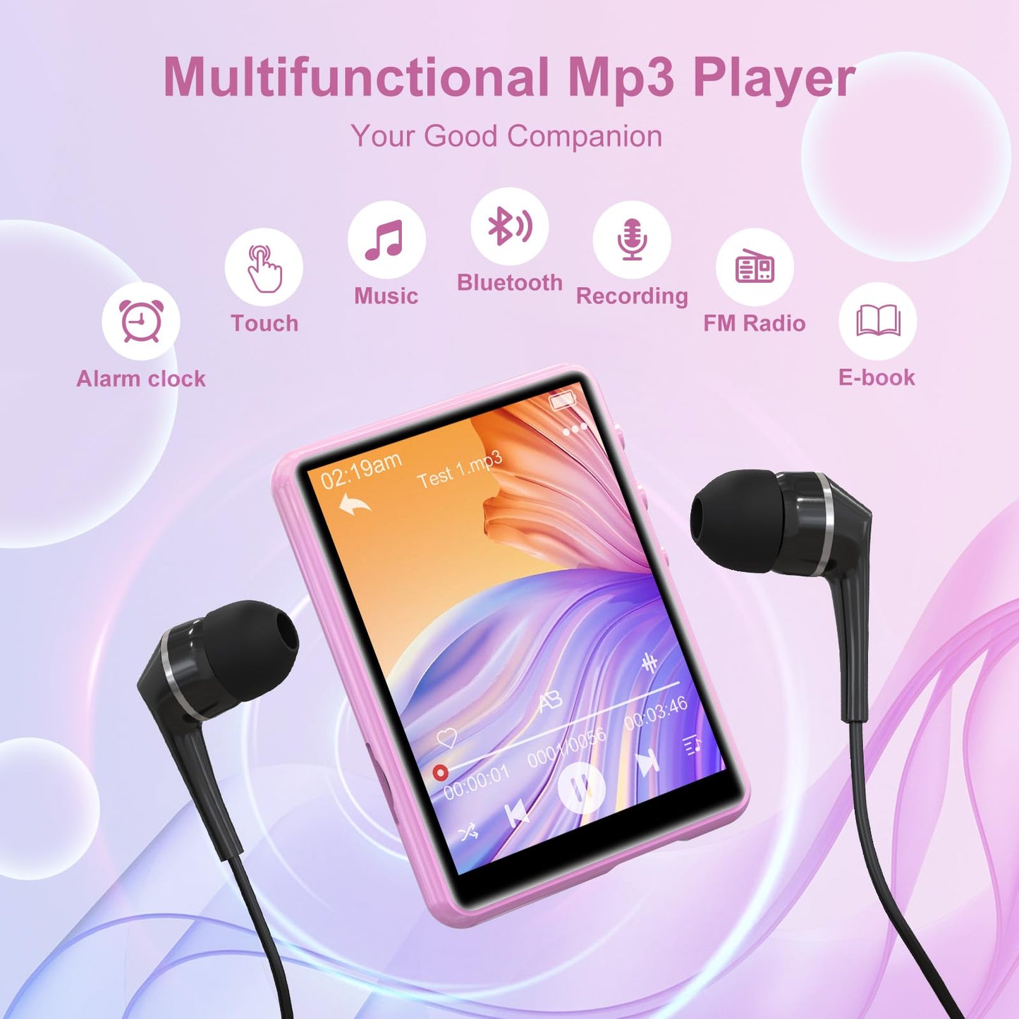 64GB MP3 player with Bluetooth 5.3, 2.4 inch full touchscreen, portable music player with HiFi lossless digital audio, speaker, FM radio, E-Book, supports up to 128GB. Available in pink.