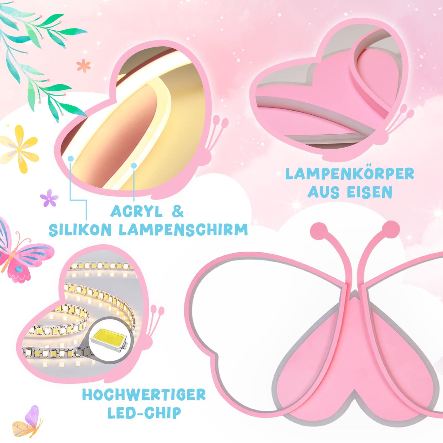 LUOLONG LED Children's Ceiling Lamp Butterfly Ceiling Lamp Dimmable Acrylic Ceiling Light Kids Room Creative Ceiling Lamp Girls' Room Bedroom Cartoon Ceiling Light - Pink 52 cm
