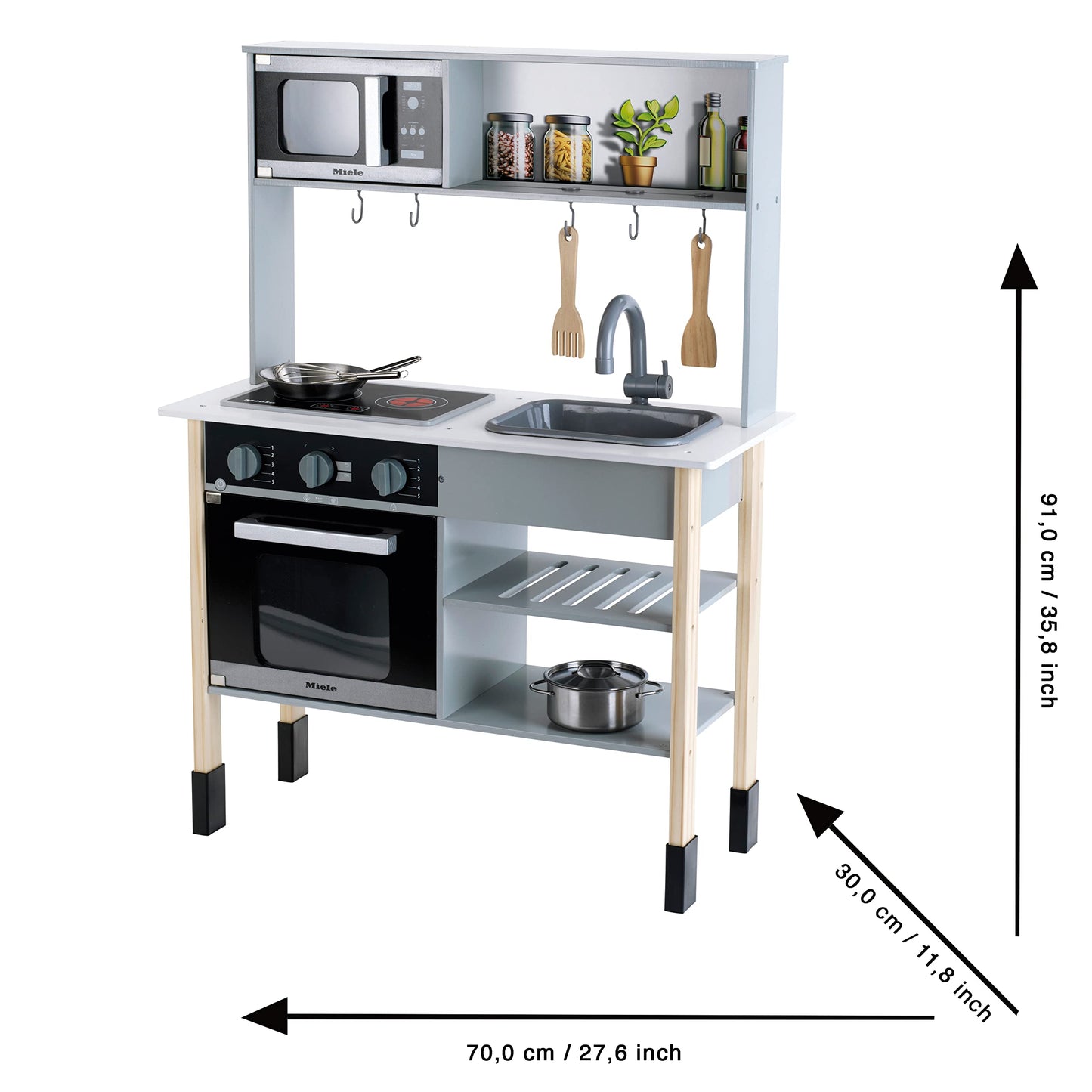 Theo Klein 7199 Miele Kitchen, White wooden kitchen including stove with sound and light, high-quality kitchen accessories made of stainless steel (not heatable) and wood, toy for children ages 3 and up.