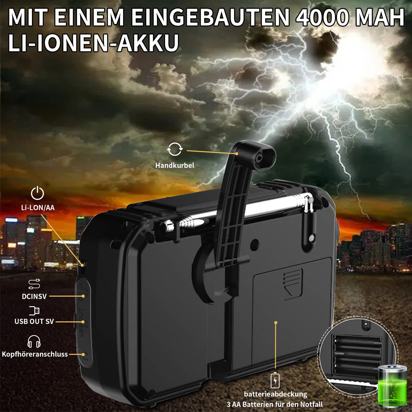 Solar radio, AM/FM portable crank radio dynamo emergency radio with 4000mAh rechargeable battery, LED flashlight, SOS alarm for camping, outdoor, emergency (Grey)