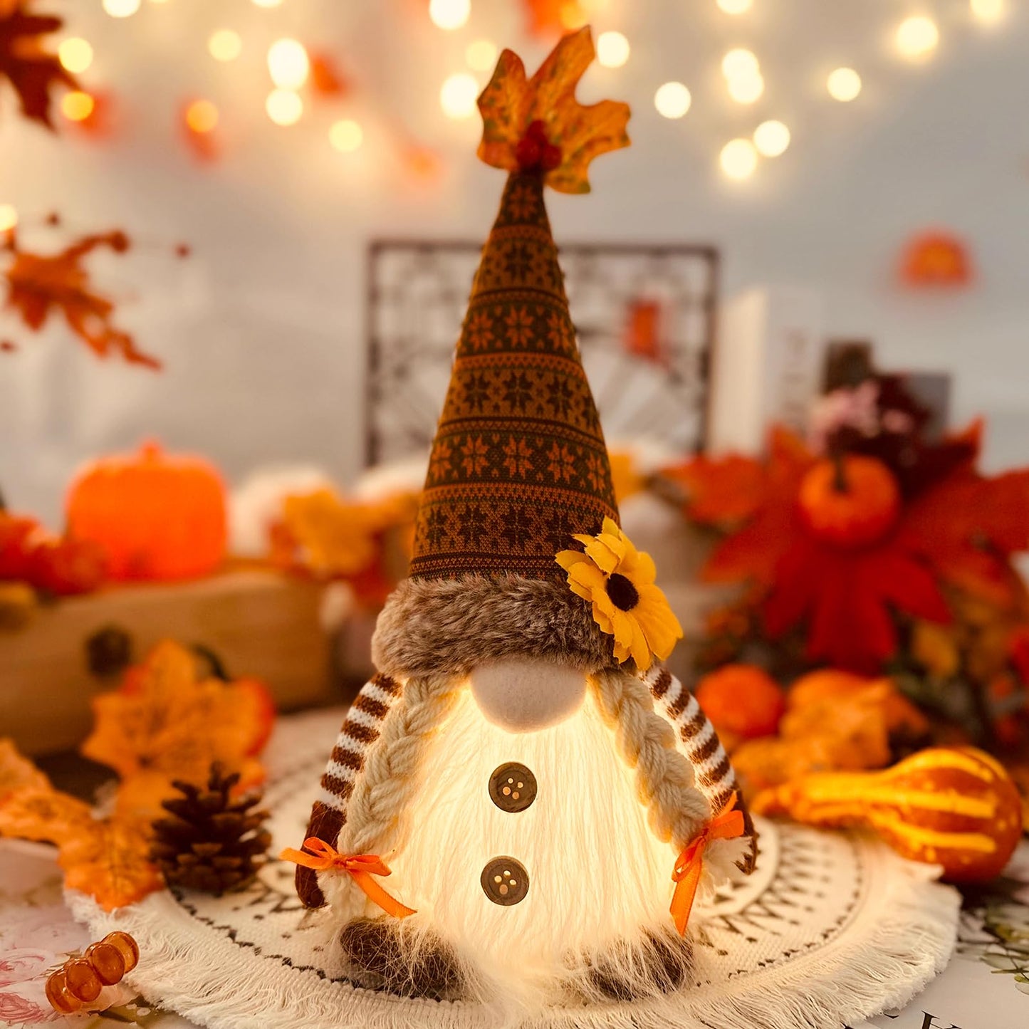ACAREY Autumn Decor Gnomes with Light 2-Pack Large 35cm Plush Gnome Figures Halloween Decor with LED Christmas Decor Fall Harvest Illuminated Gnomes