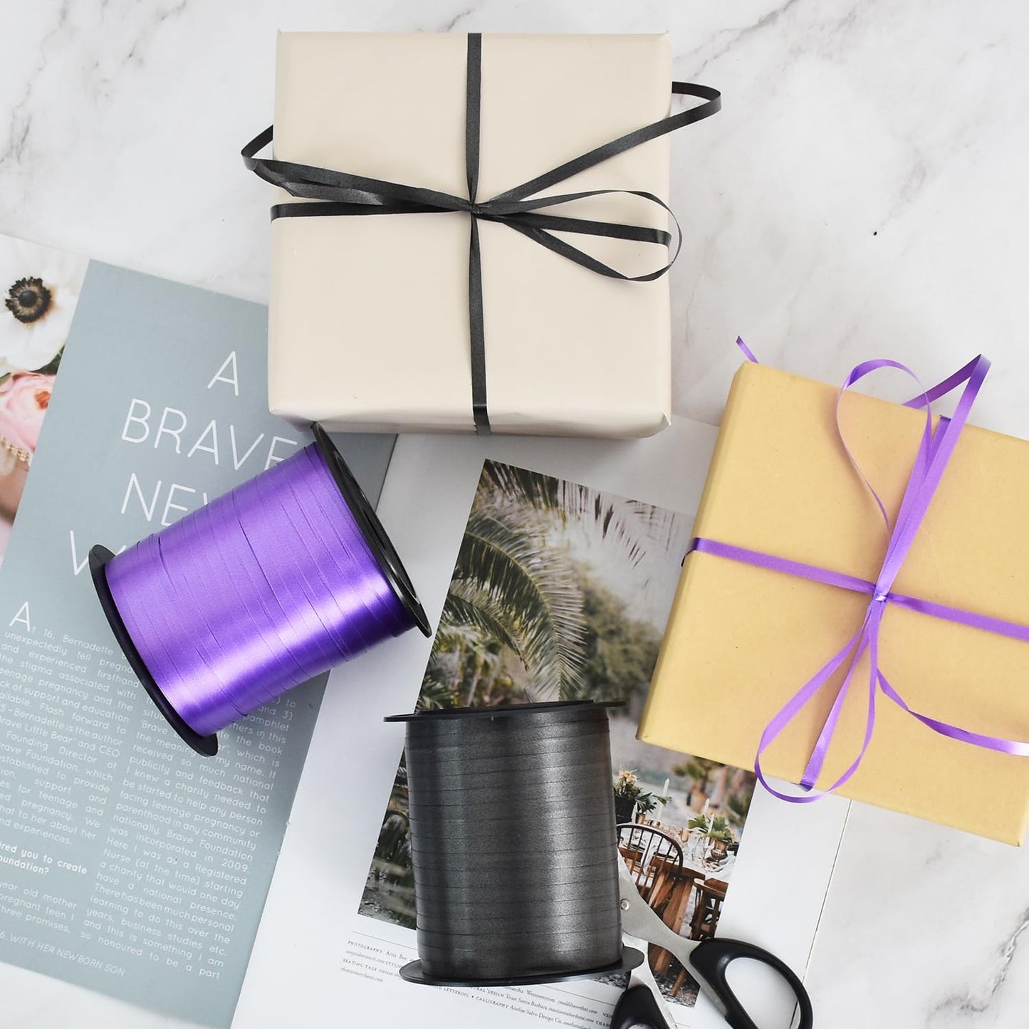 457m of striped ribbon, balloon ribbon for art and craft, decoration, gift wrapping, ribbons and bows for Halloween, Christmas, New Year, birthday, gifts (black and purple)