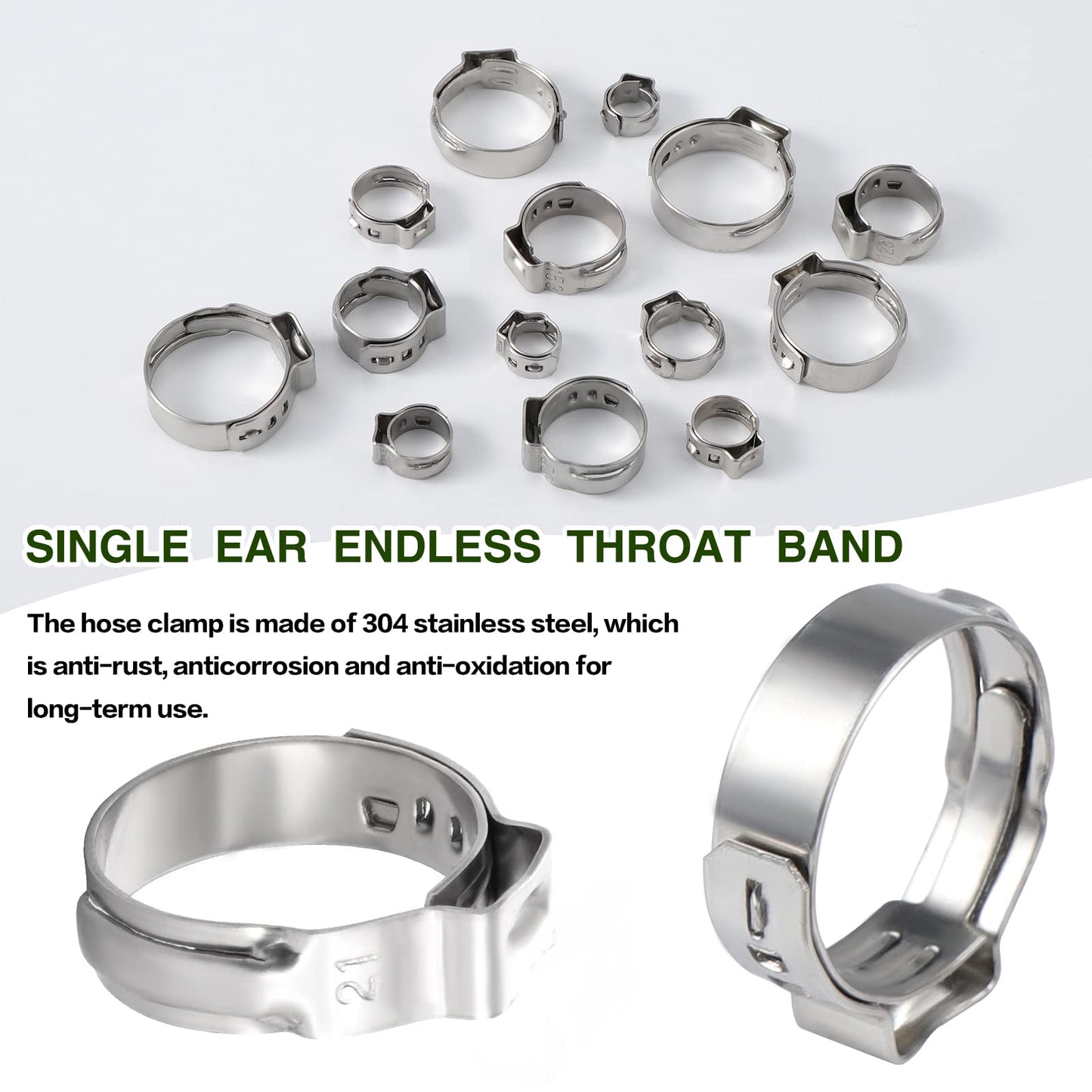 150 pieces 304 Stainless Steel Single Ear Stepless Hose Clamps Set, 6-33.1mm 12 Sizes Crimp Hose Clamps Assortment Kit, Ear Cinch Rings Crimp Pinch Fitting Tools