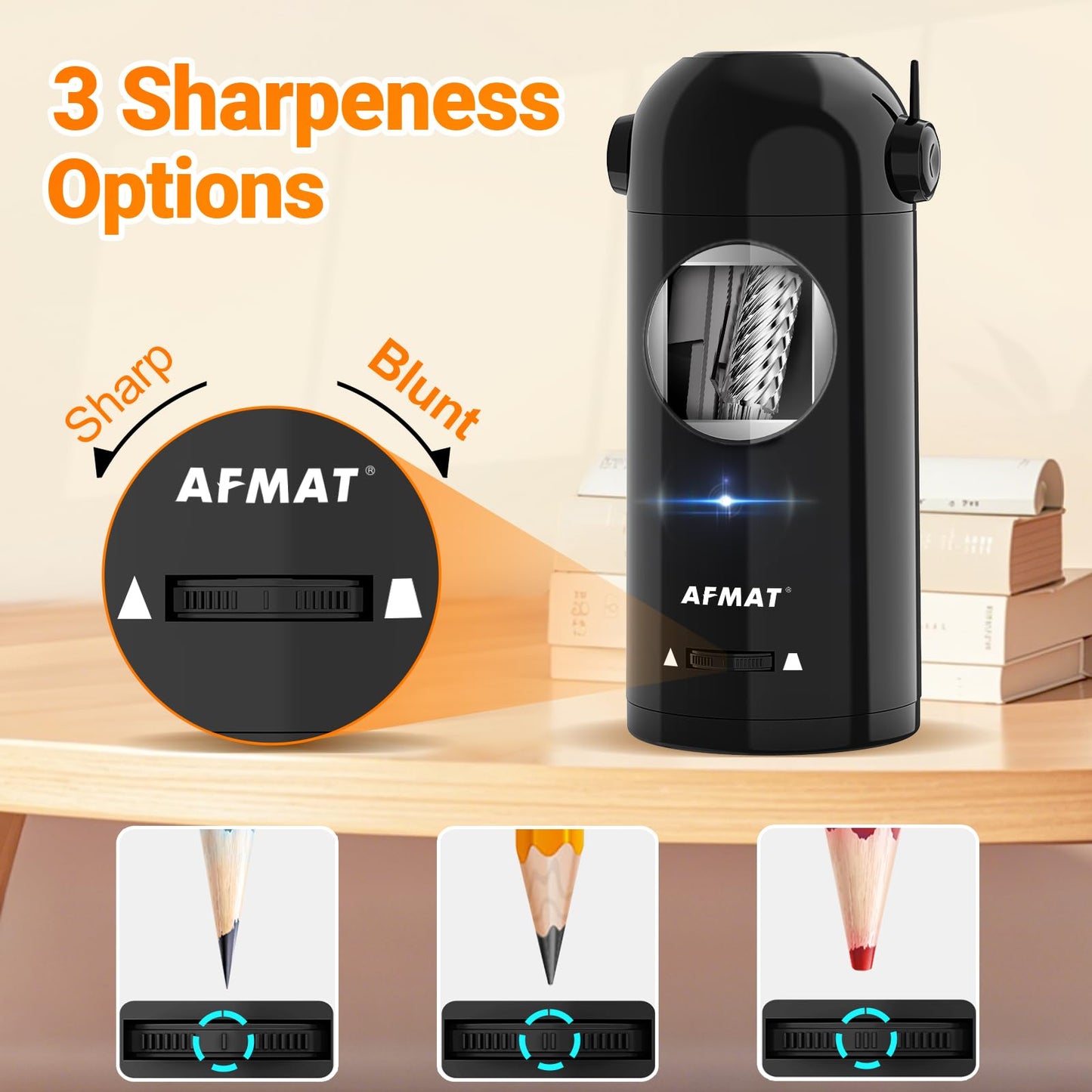 AFMAT Fully Automatic Electric Pencil Sharpener with Container, Electric Sharpener for 7-11.5mm pencils, Portable and Safe, Rechargeable Pencil Sharpener for Home, Office, School, Black