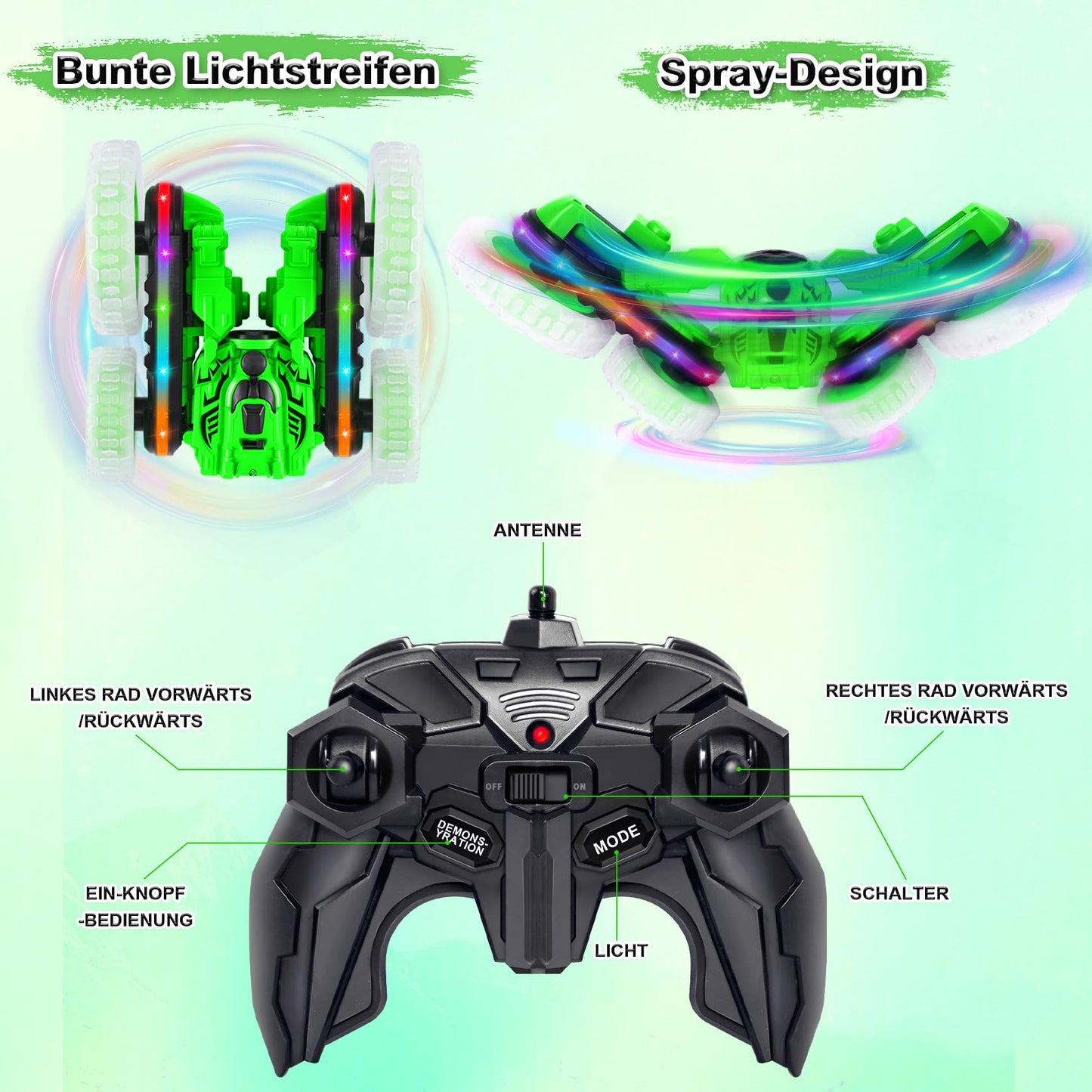 MidiVix Remote Control Car, 360° rotating 4WD RC Car with side lights and headlights, 2.4Ghz Double-sided RC Stunt Car with Spray, RC Drift Toy Car and Gifts for Kids (Green)