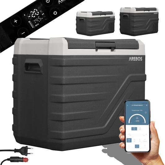 Arebos Compressor Cooler Box 43 Liters | Electric Freezer Box with APP & Smart Control | Mobile Cooling Chest with USB Connection | up to -20 °C | 12/24 V 230V | for Car, Truck, Camping, Boat, RV