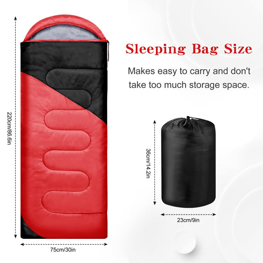 YARMINE sleeping bag, 3-4 seasons, outdoor camping gear for adults and kids. Portable, rectangular, soft, thick, and warm in red and black. Perfect for outdoor activities like hiking and travel.