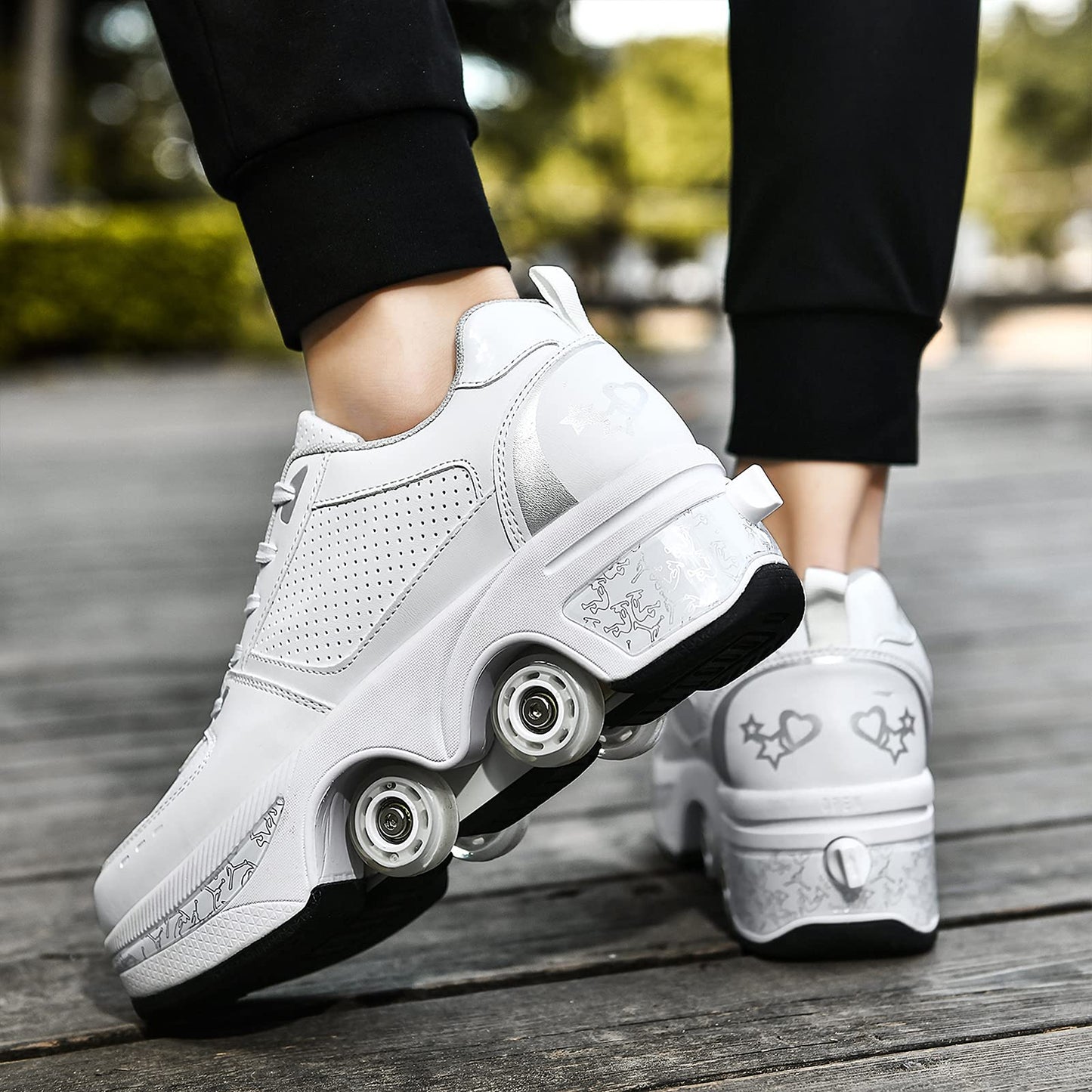 Roller skate shoes, skate shoes with wheels, inline skate, adjustable women's shoes with wheels for girls (size 38, White Silver)