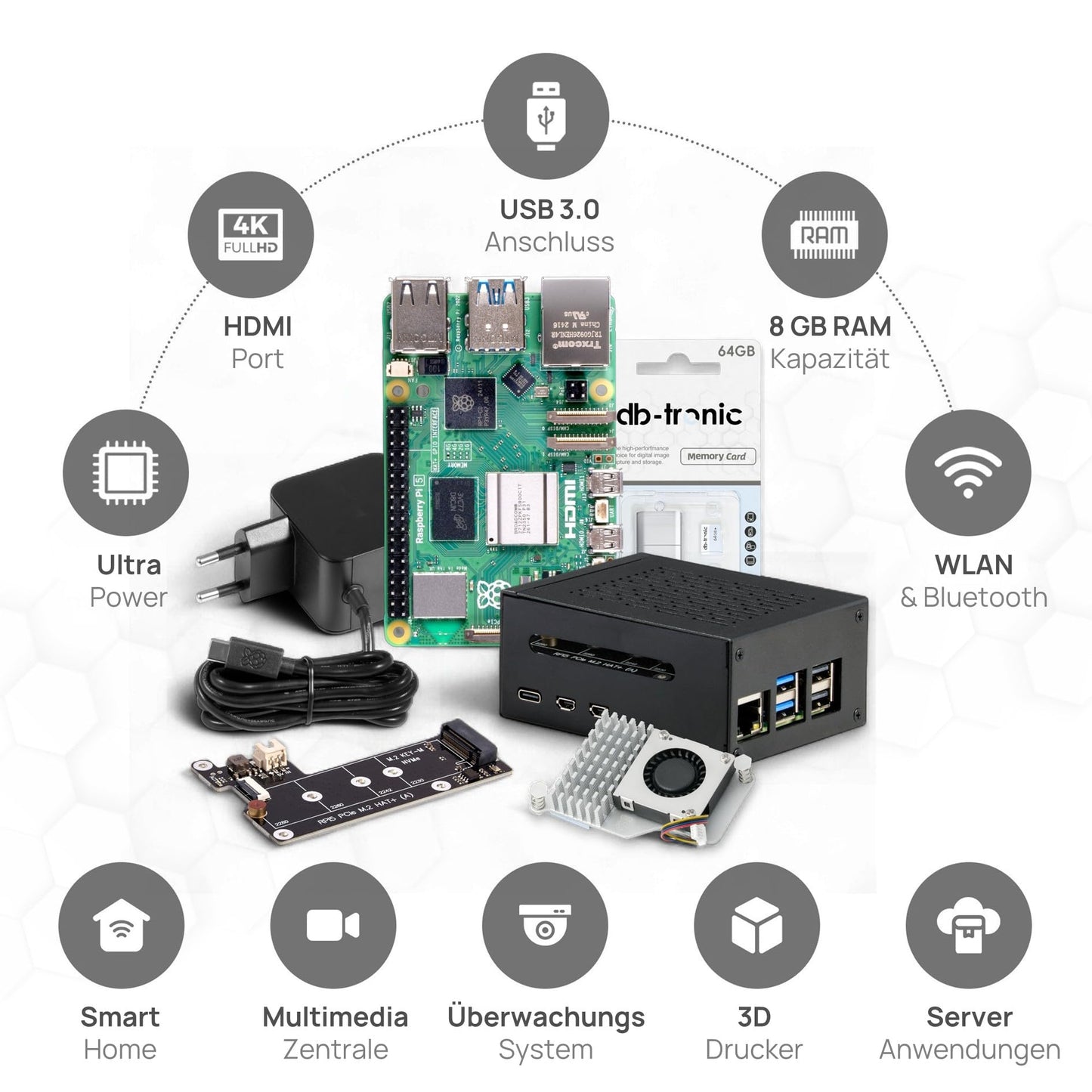 Raspberry Pi 5 8GB PCIe M.2 NVMe - Set | Metal Case | Active Cooler | M.2 NVMe SSD PCIe Board | Official USB-C 27W Power Supply | 64GB Edition | 4K Micro HDMI