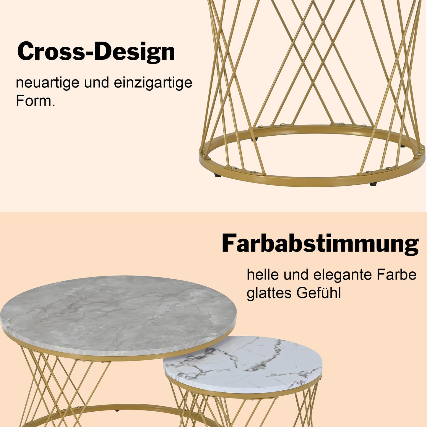 Modern Round Coffee Table Set of 2, Side Table Set, Coffee Table Set Marble Veneer Sofa Side Nest of Tables Round End Tables, Set of Tables for Living Room Bedroom, Gold Frame (White + Gray)