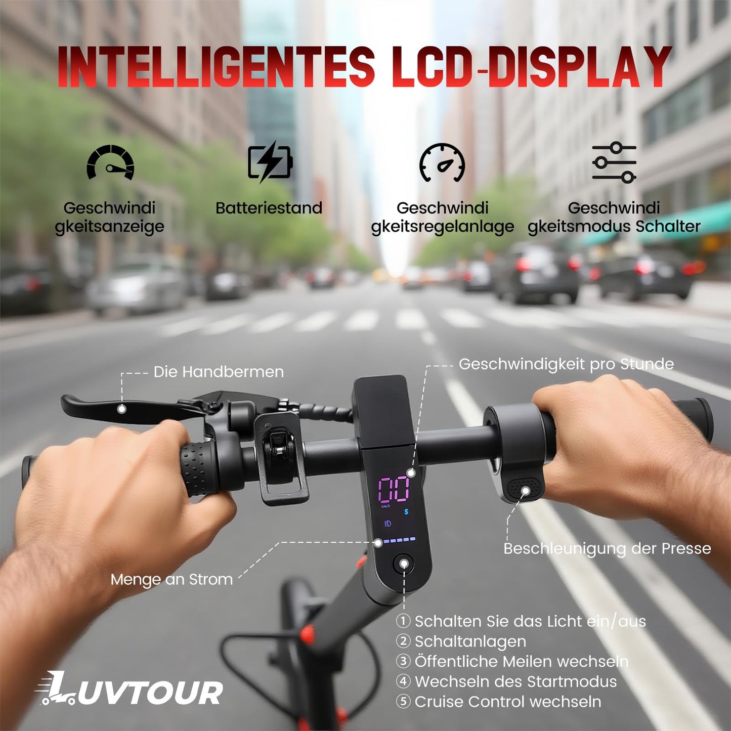 LuvTour E-Scooter with app function, mobile phone holder, and theft protection. Foldable e-scooter, 25-30 km range Li-Ion battery, electric scooter Max. load 120 kg.